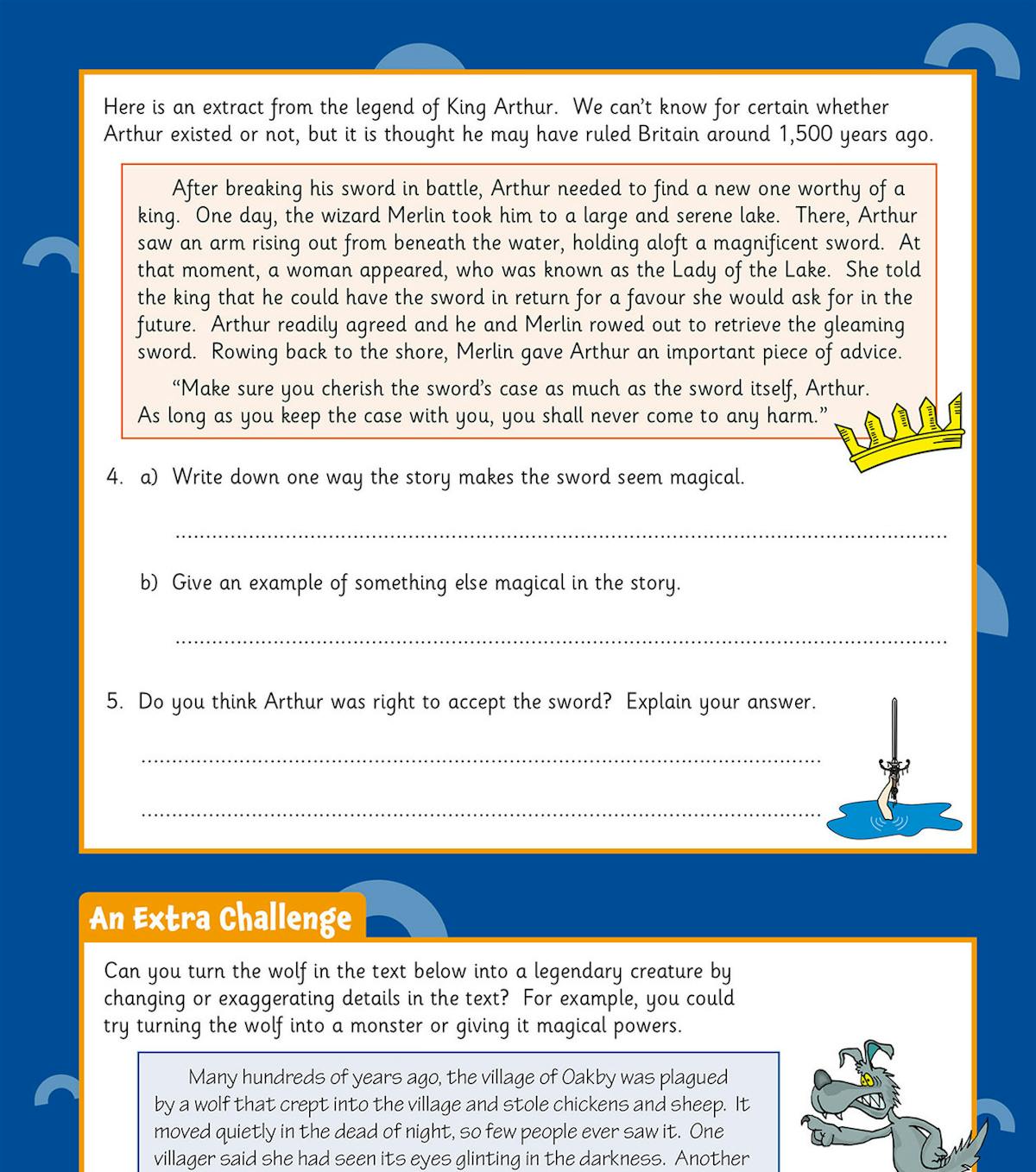 King Arthur legend comprehension with text extract and question prompts