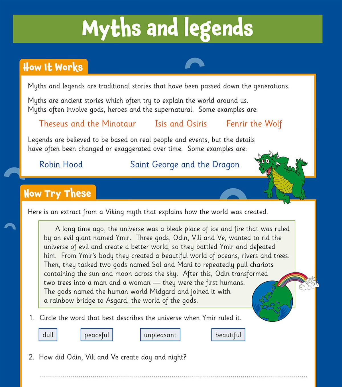 Myths and legends reading comprehension page with Viking creation story extract