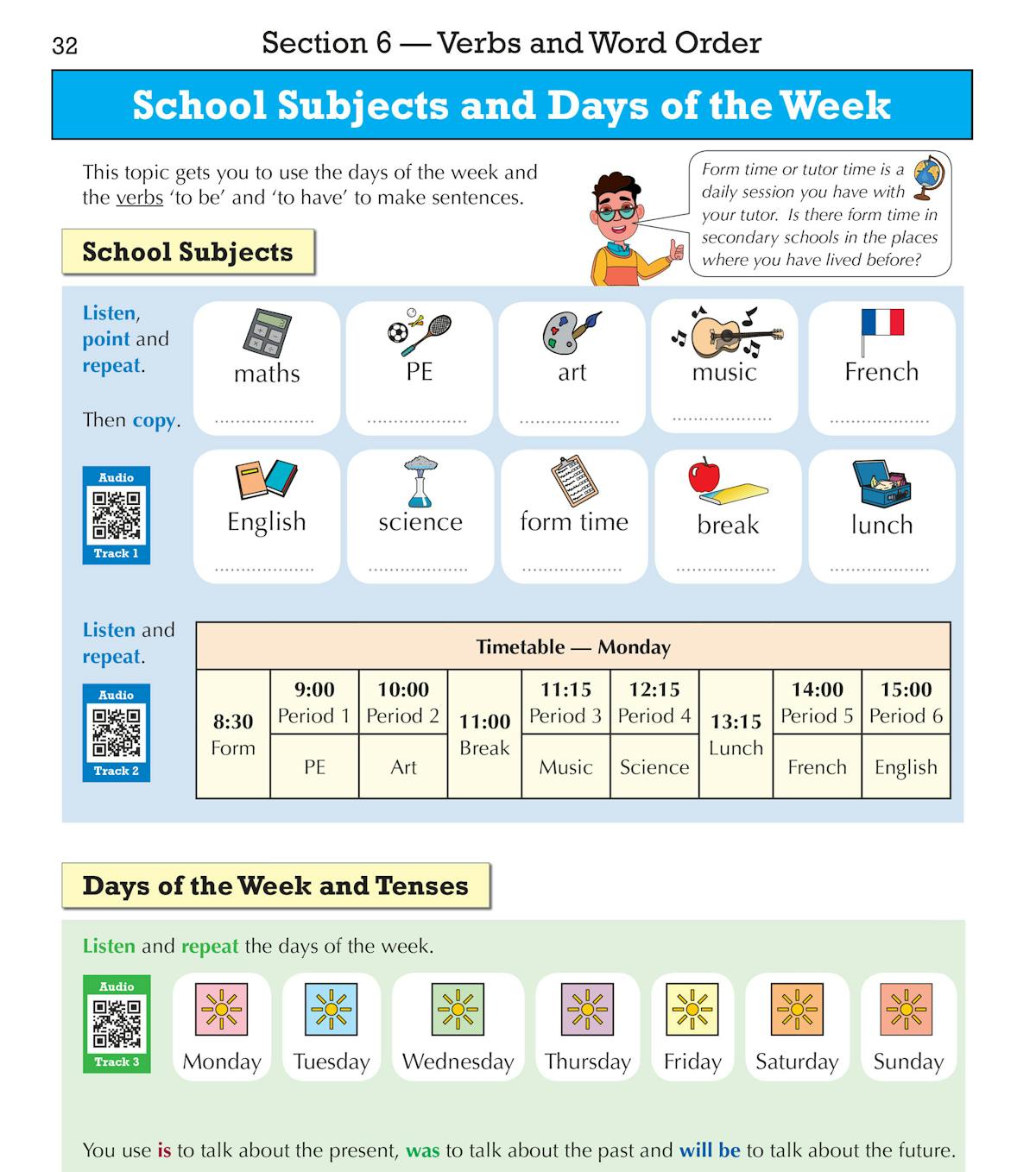 Sample page showing school subjects, days of the week, and verb tenses with visual icons and audio QR codes