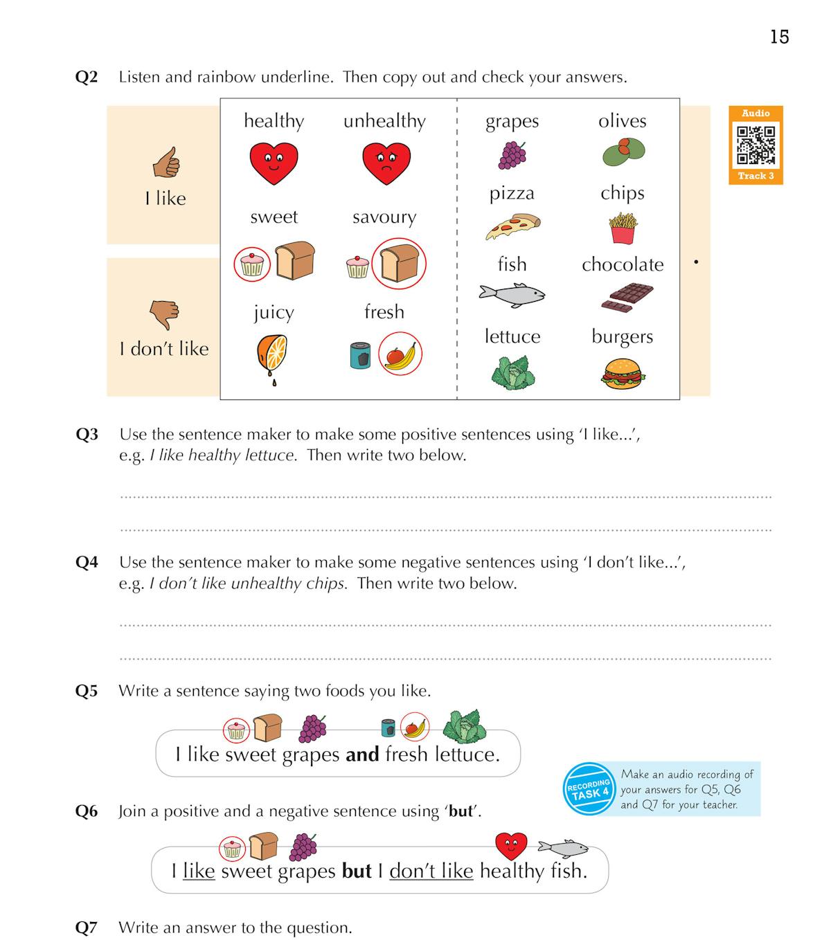 Exercise page featuring vocabulary for food preferences with listen-and-repeat activities and sentence-building tasks