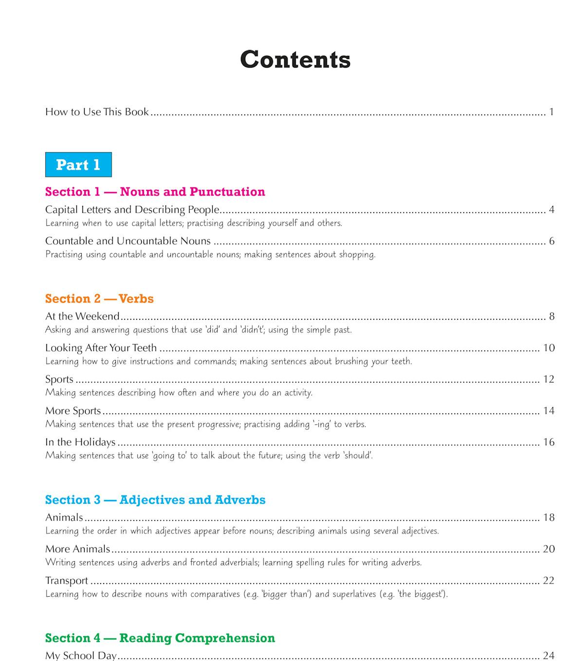 Contents page showing the structure of Part 1 and Part 2 with sections on nouns, verbs, adjectives, reading comprehension and maths language
