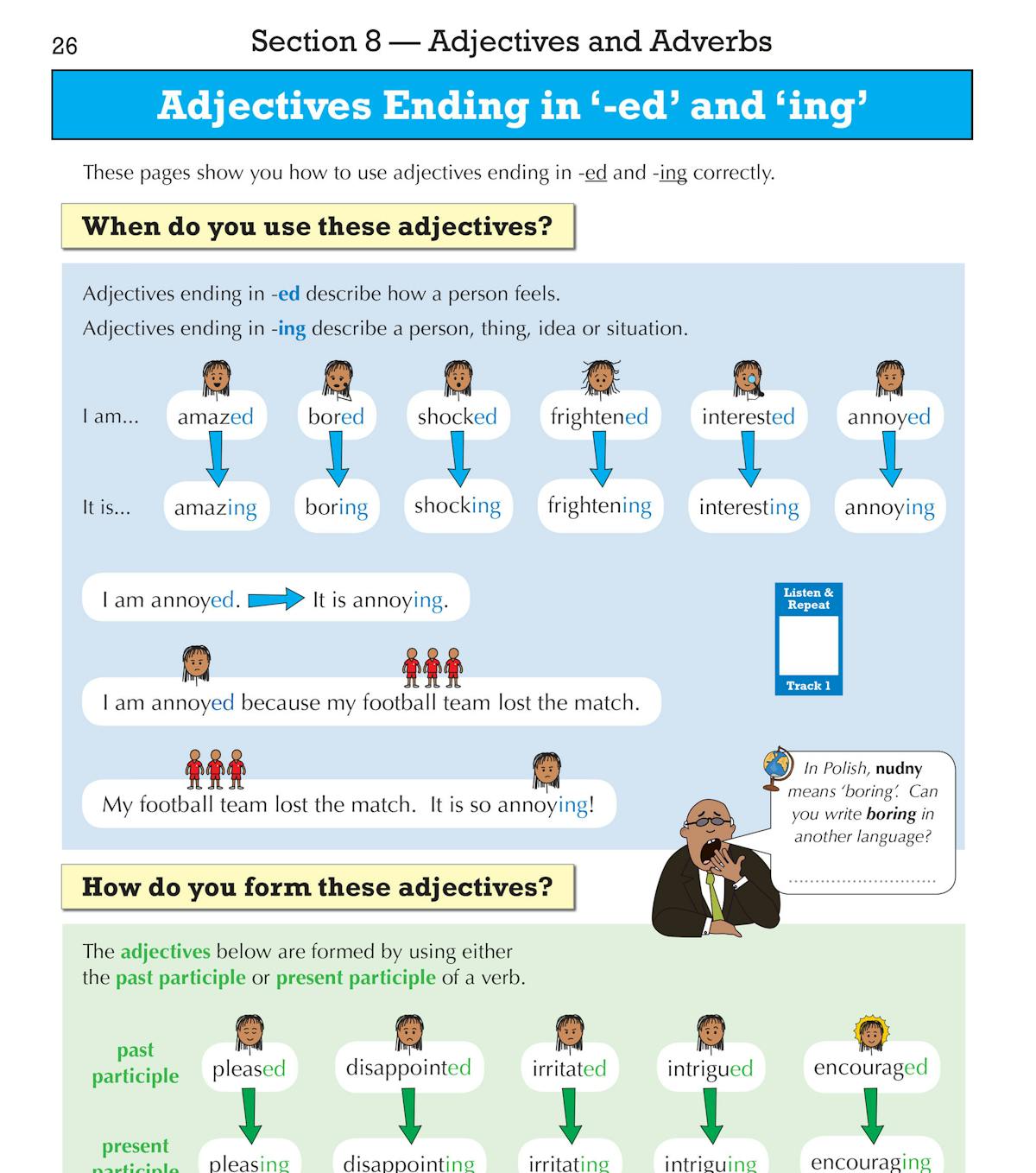 Page demonstrating use of adjectives ending in -ed and -ing with visual examples