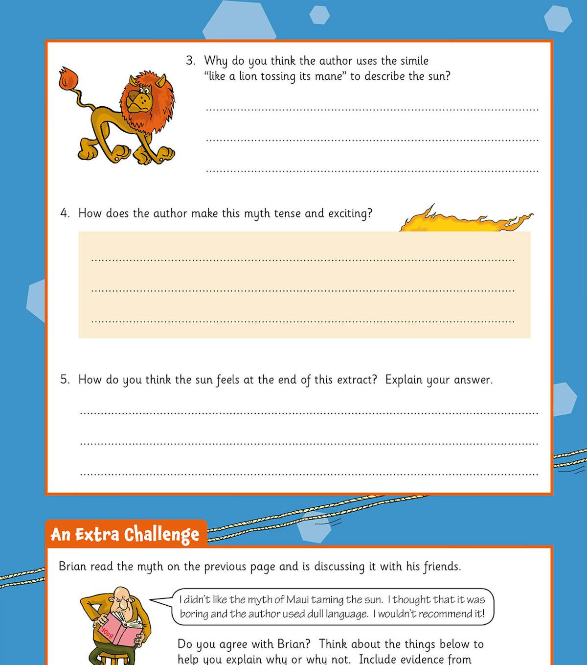 Myth comprehension page featuring lion illustration and persuasive writing challenge