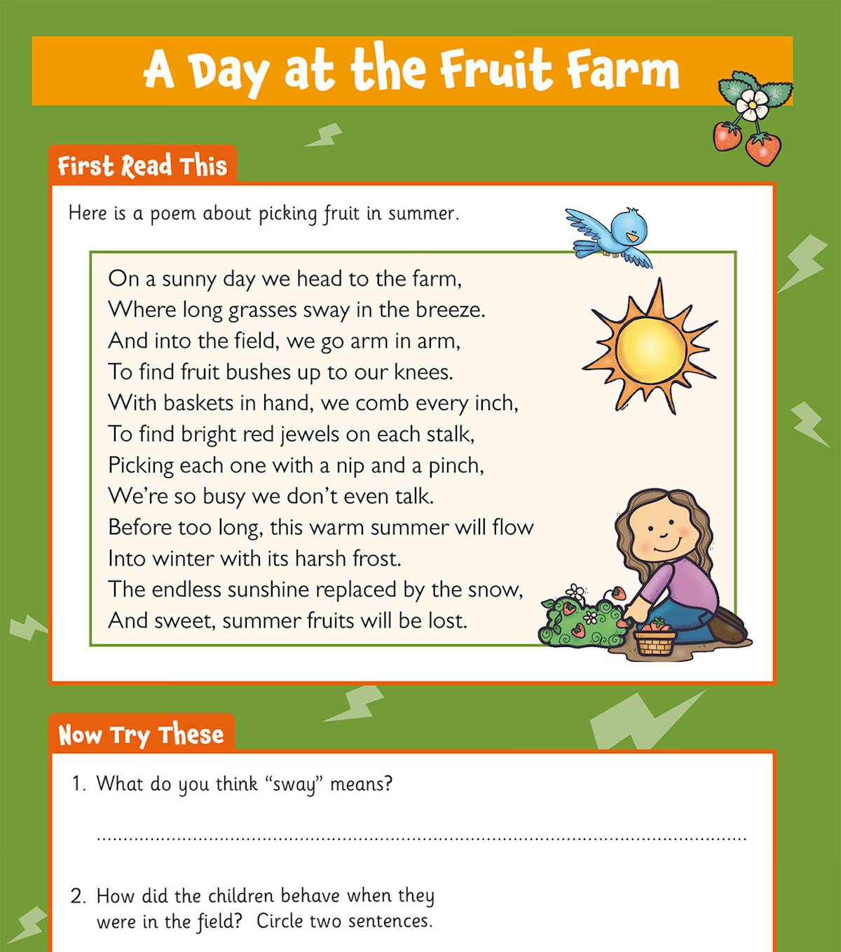 Sample comprehension activity featuring a poem about picking fruit at a farm