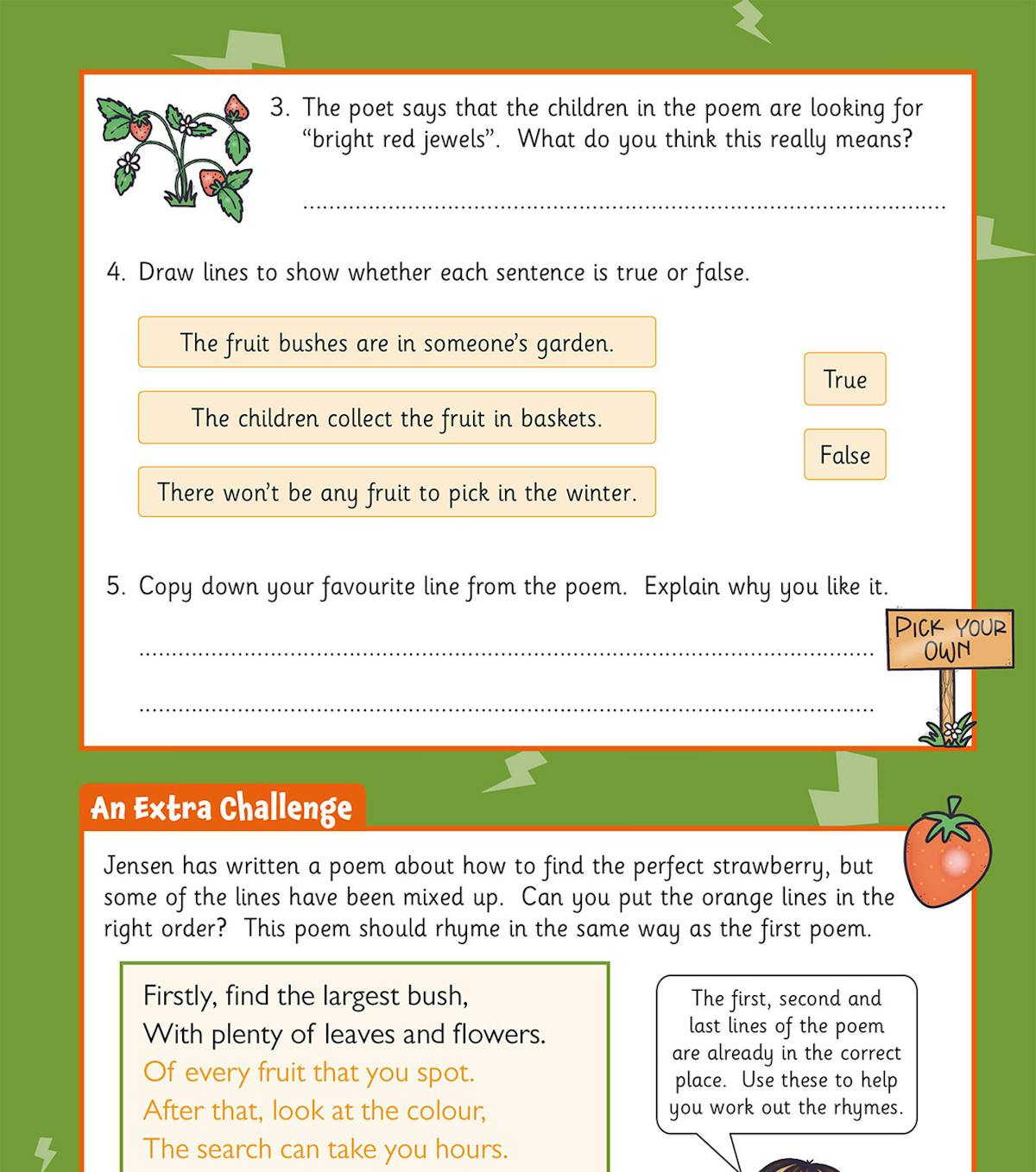 Follow-up comprehension questions and an extra challenge sequencing activity