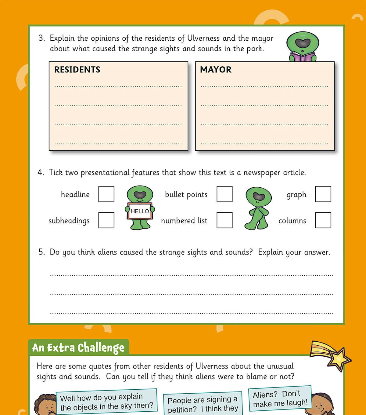 Activity page showing comprehension questions with space for written answers and self-assessment boxes