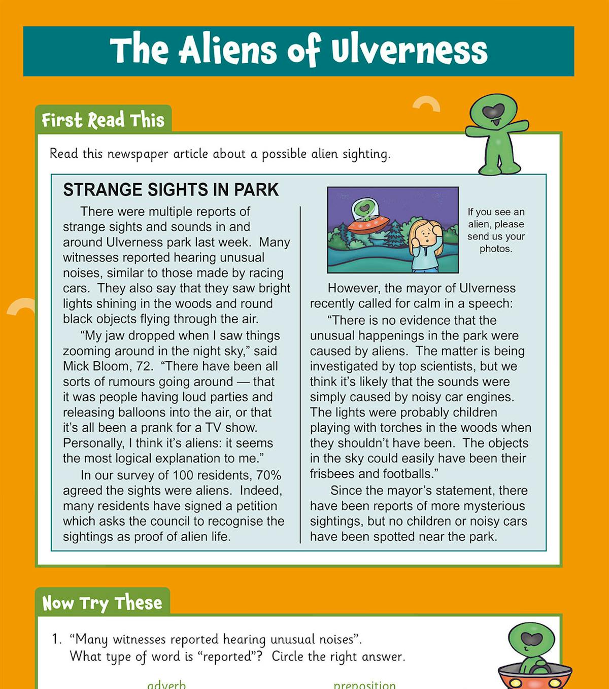 Sample comprehension activity page showing an alien newspaper article with questions