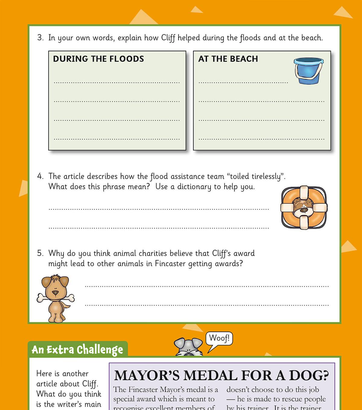 Comprehension questions with self-assessment emoji boxes and an extra challenge section