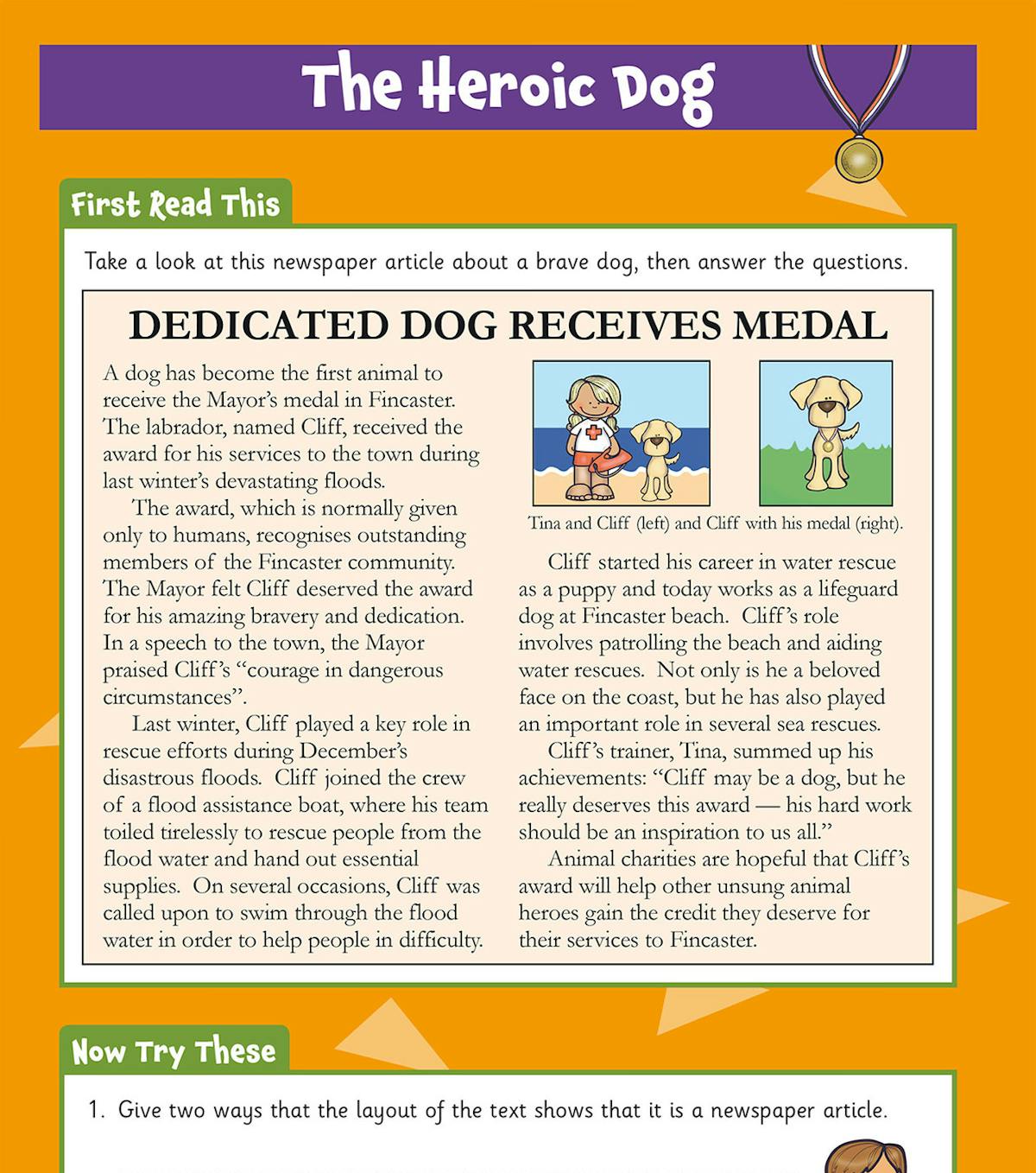 Sample comprehension page featuring a newspaper article about a heroic dog receiving a medal