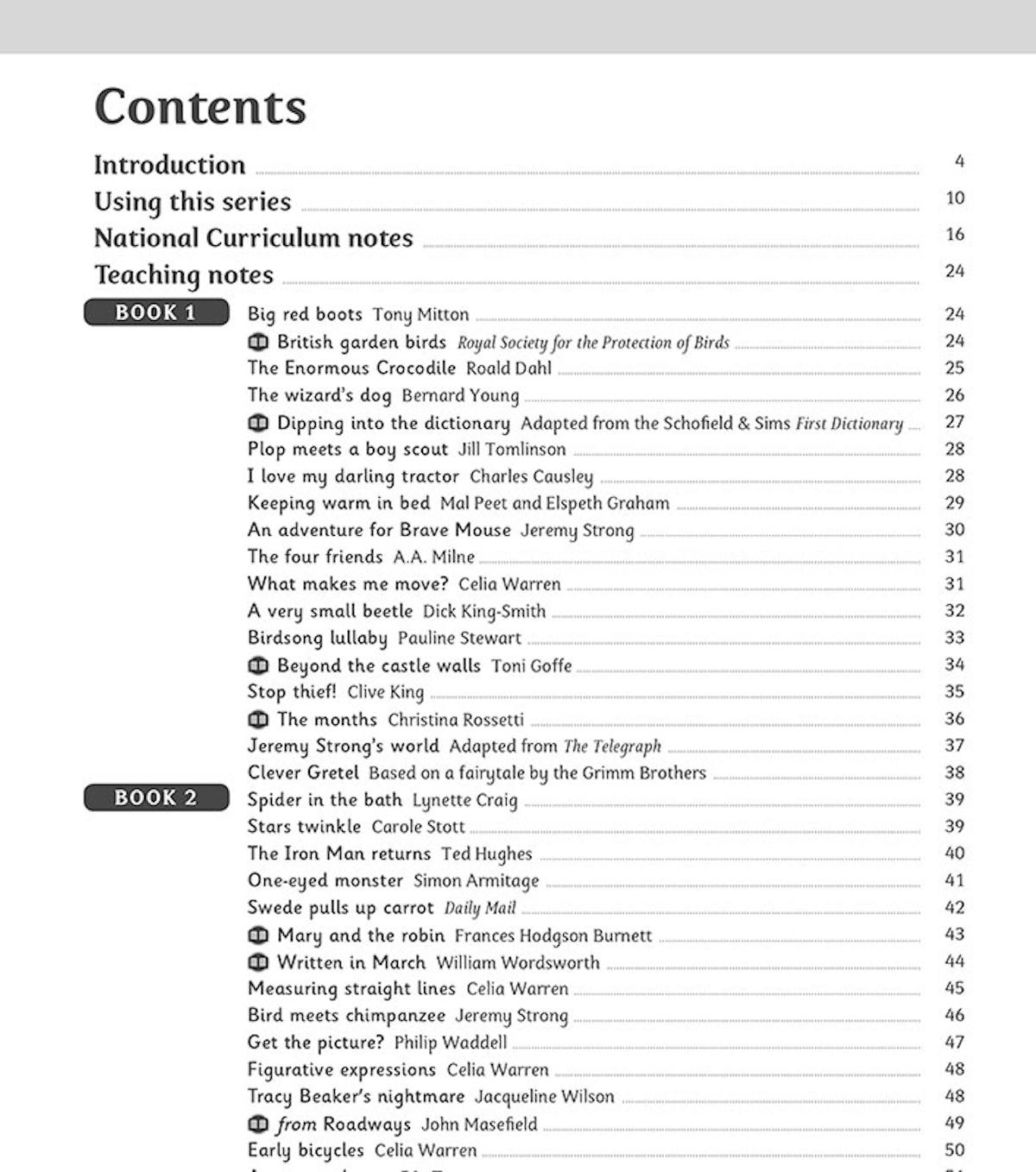Contents page showing the range of texts and teaching notes included in the guide