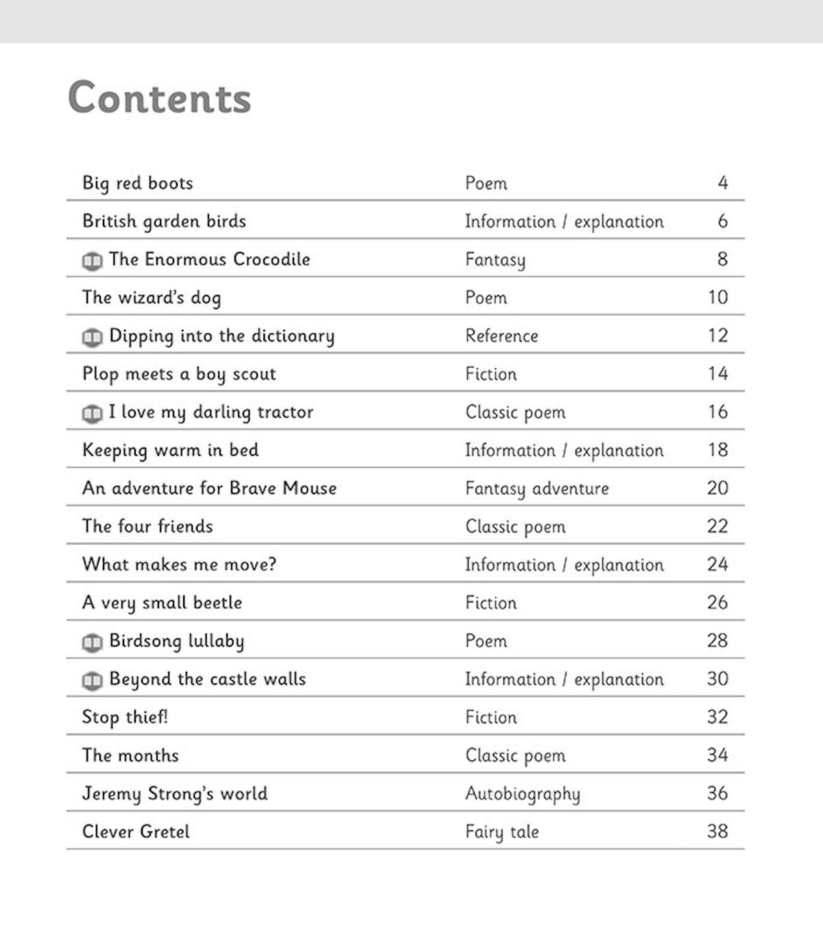 Contents page showing the range of texts in First Comprehension Workbook 1