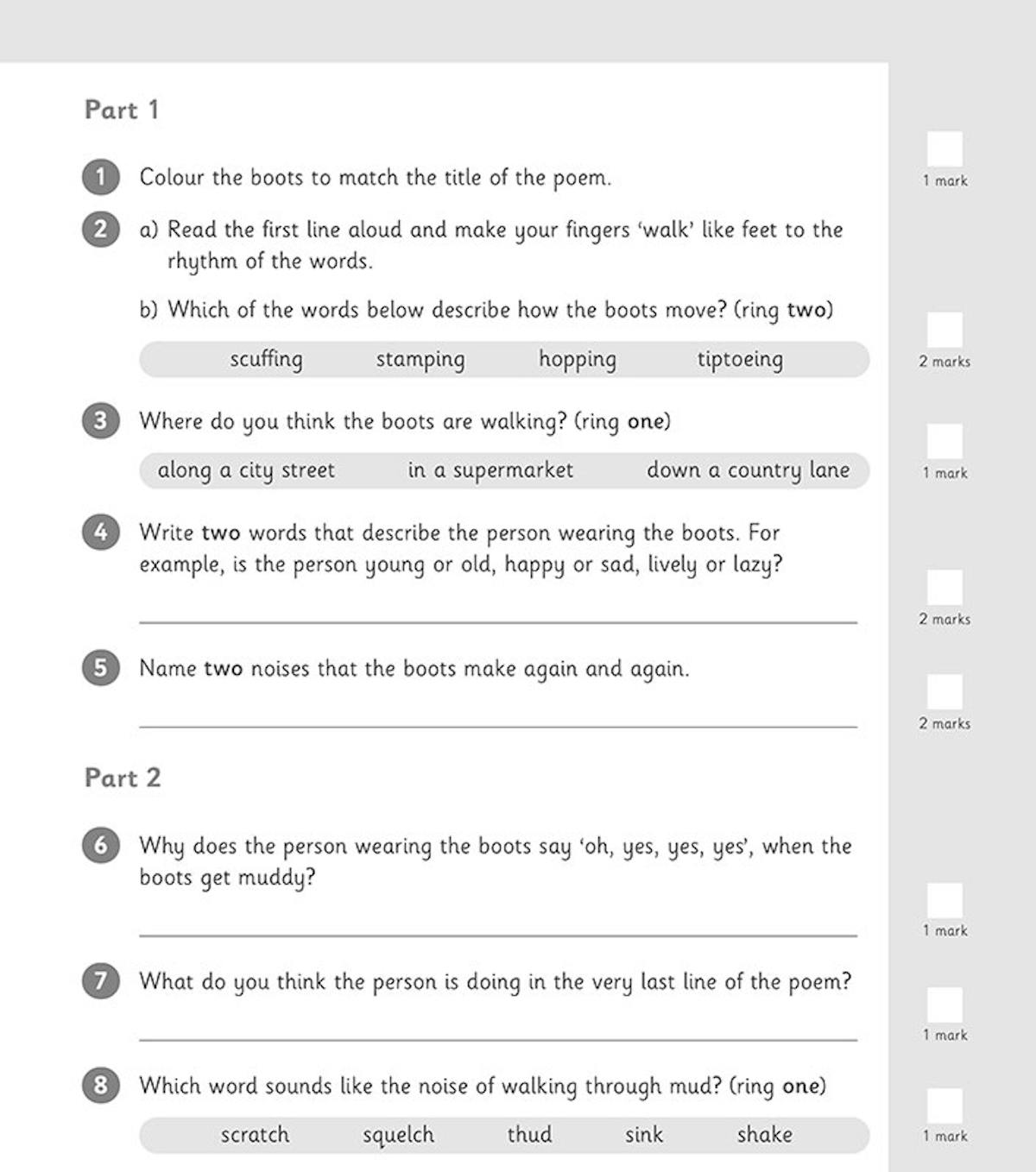 Sample comprehension questions from First Comprehension Workbook 1