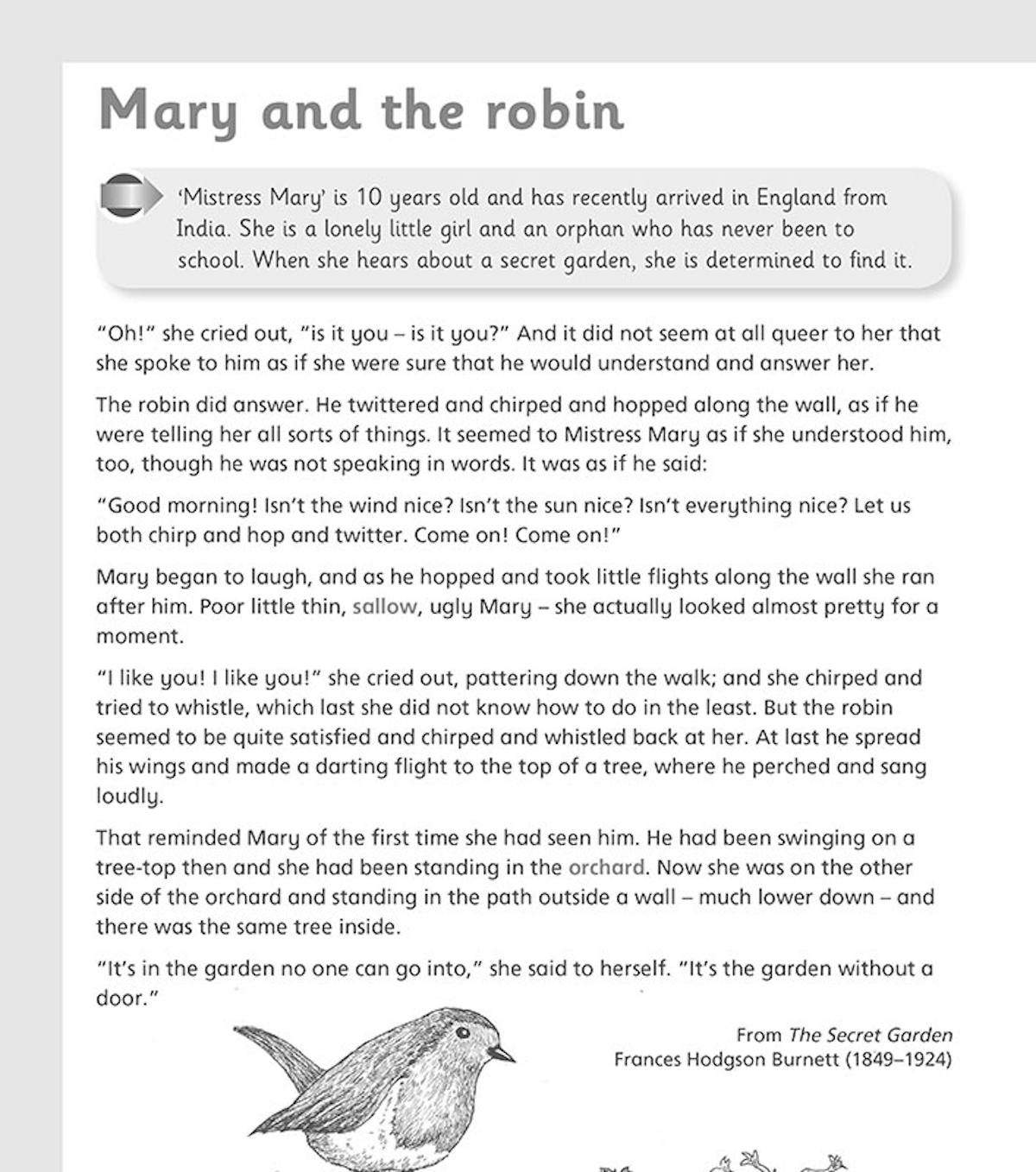 Sample text page showing an extract from The Secret Garden with comprehension questions