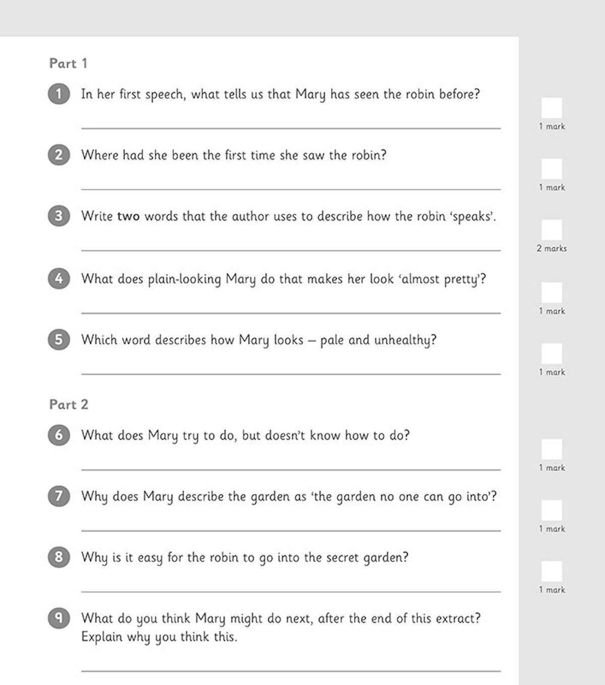 Page of comprehension questions with numbered tasks and mark allocations