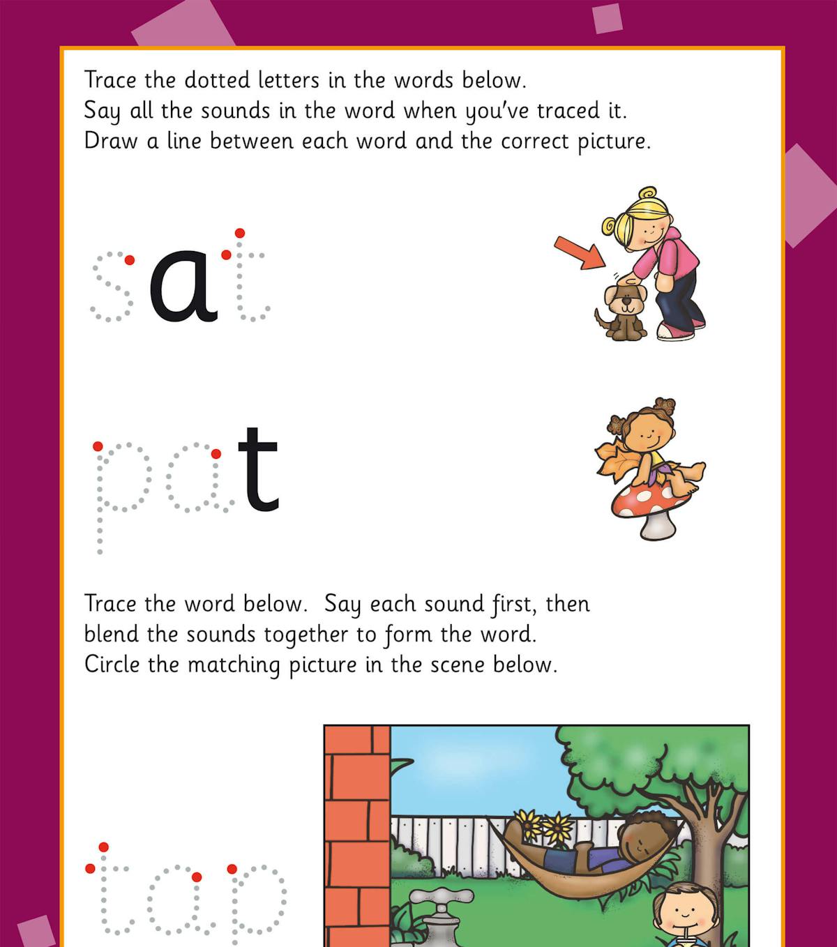 Child tracing dotted letters and matching words to pictures