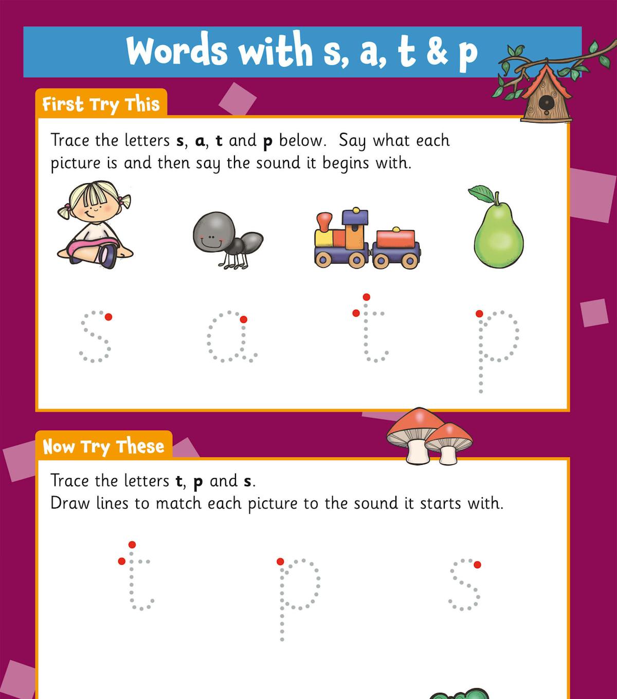 Sample page showing letter tracing and phonics activities