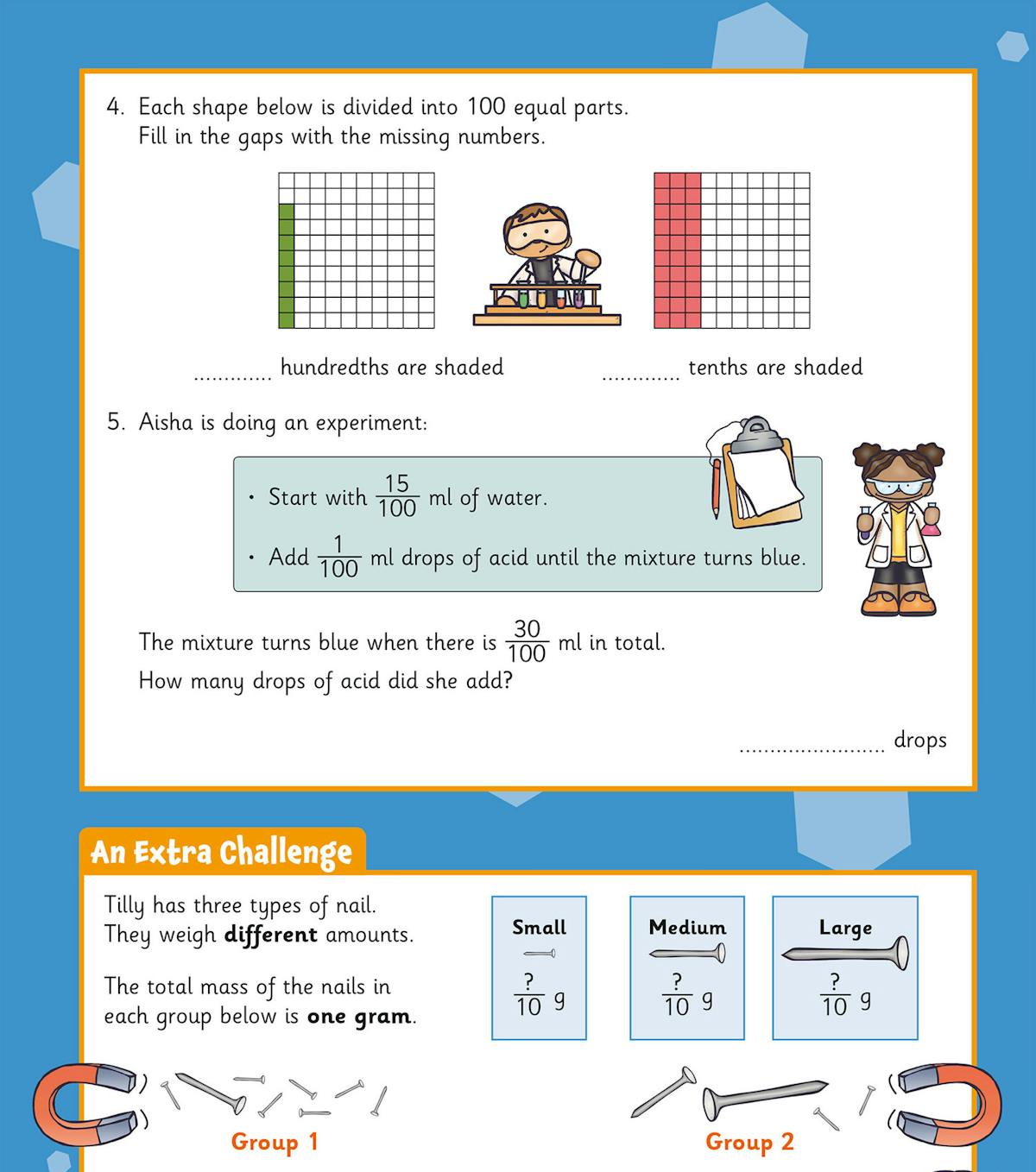 Activity page featuring hundredths problems with shaded grids and real-world science context