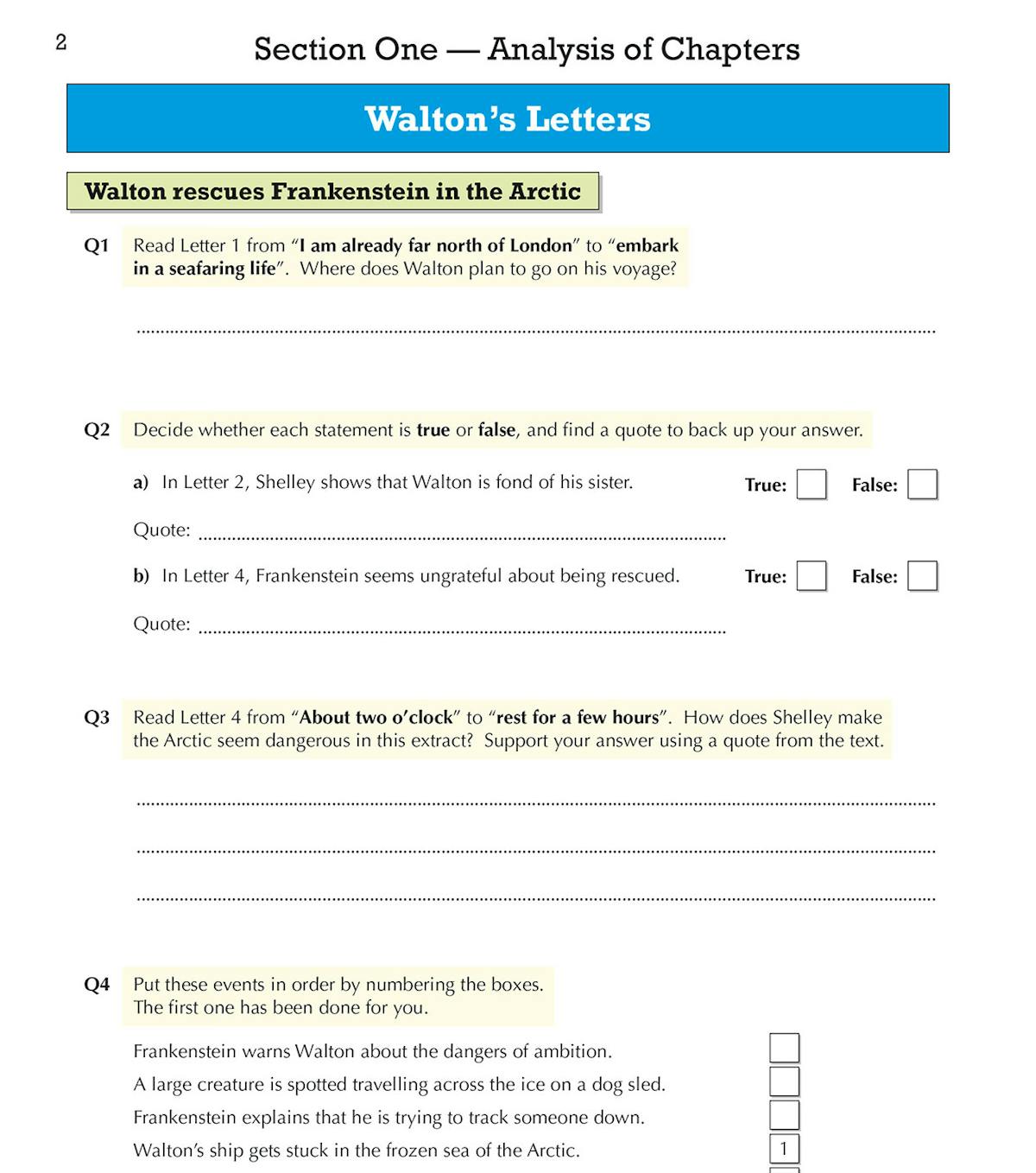 Sample page from the Frankenstein Workbook covering Walton's Letters