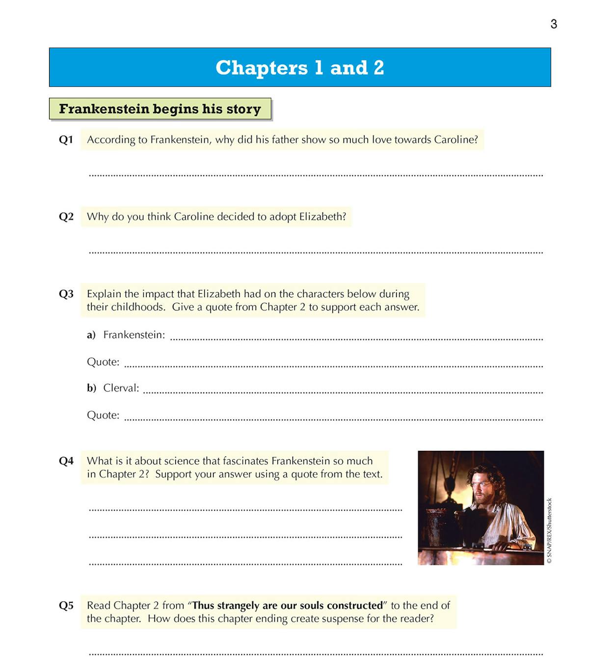 Sample page from the Frankenstein Workbook showing analysis of Chapters 1 and 2