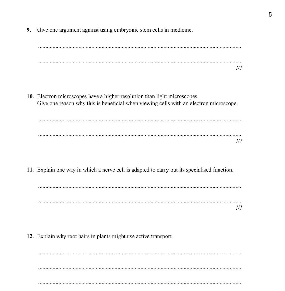 Sample page showing cell biology questions including stem cells and microscopy