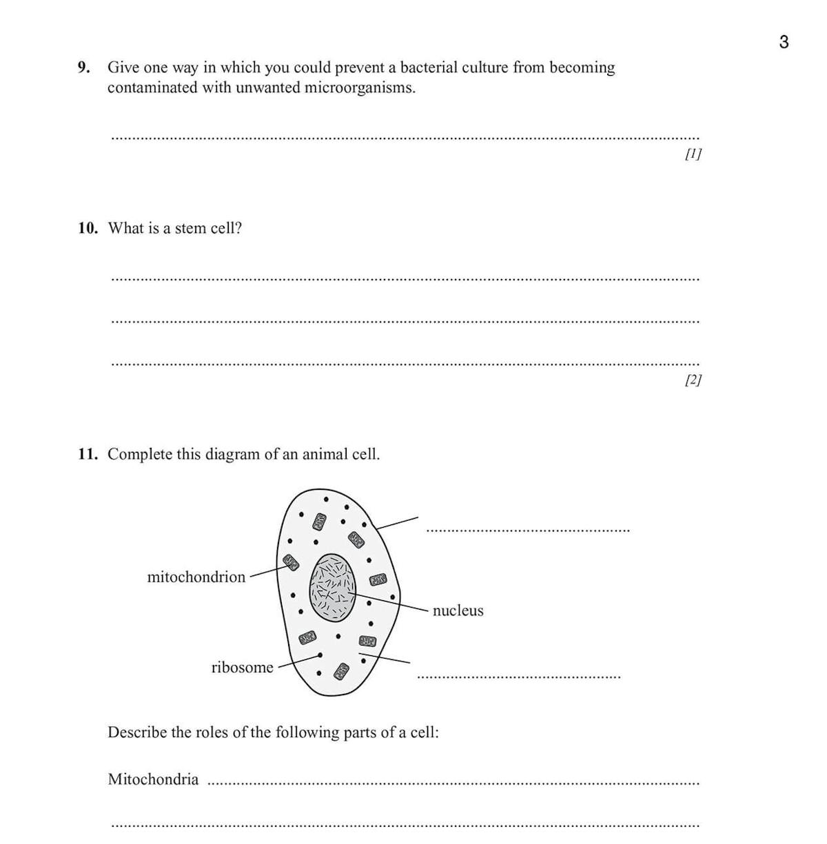 Sample page showing biology questions on bacterial cultures and animal cell structure