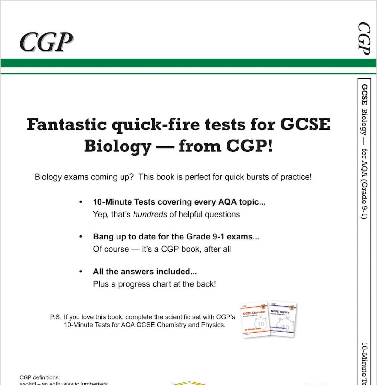 CGP GCSE Biology AQA 10-Minute Tests back cover showing test details and ISBN