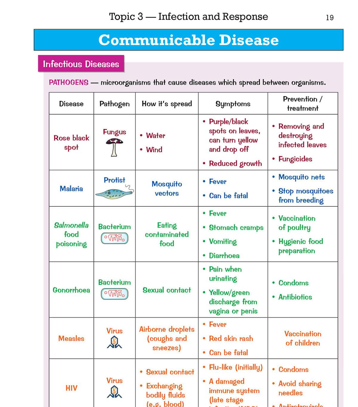 Table showing communicable diseases with pathogens, symptoms and prevention methods