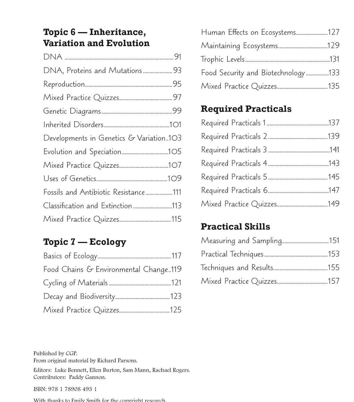Detailed contents page showing Topic 6 Inheritance, Variation and Evolution, Topic 7 Ecology, and Required Practicals sections