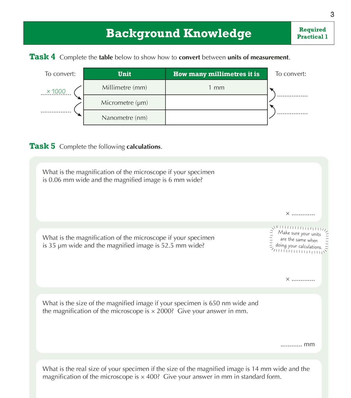 Background knowledge tasks on units of measurement and microscope calculations