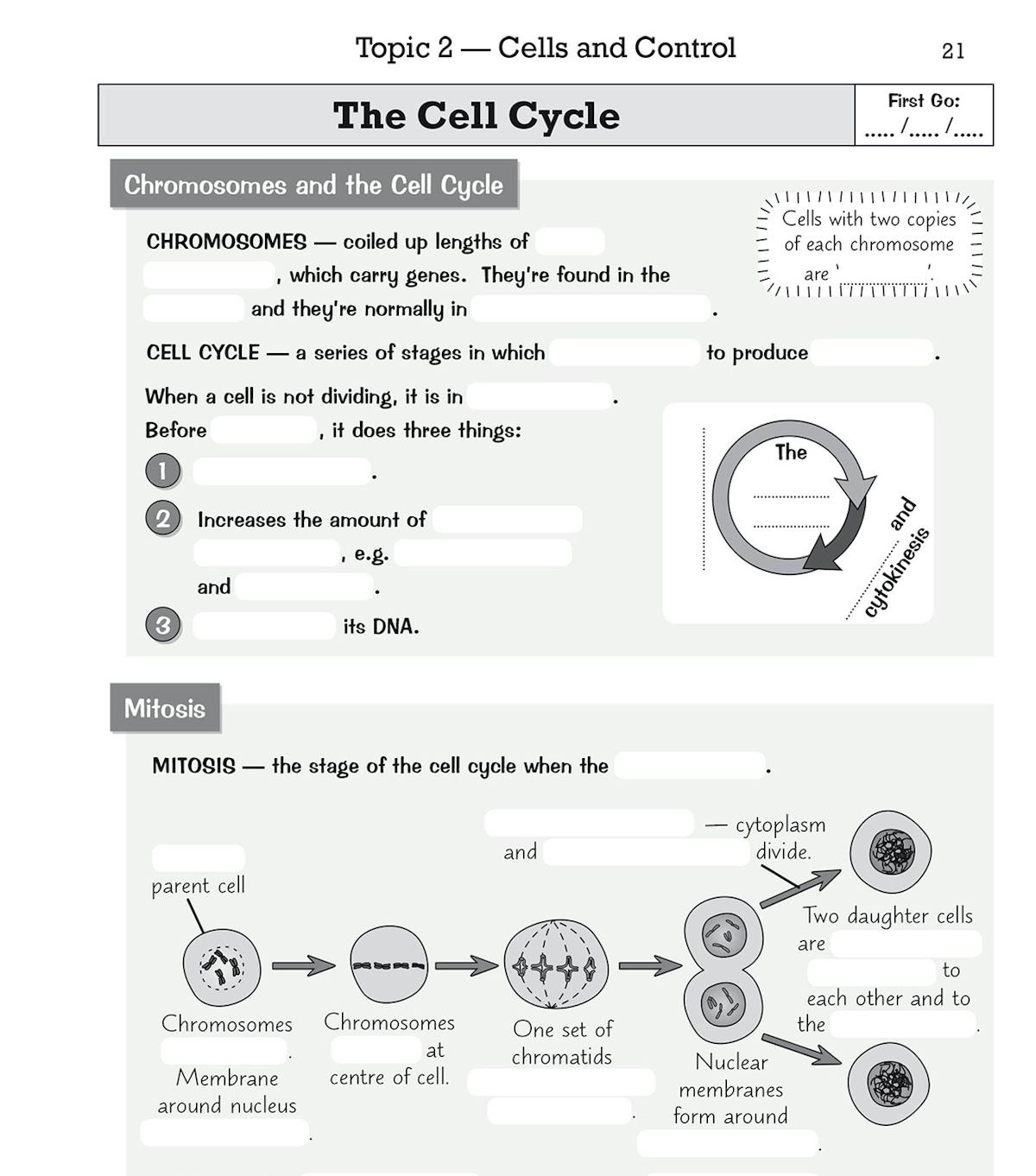 Sample page showing cell cycle topic with fill-in-the-blank questions and diagrams