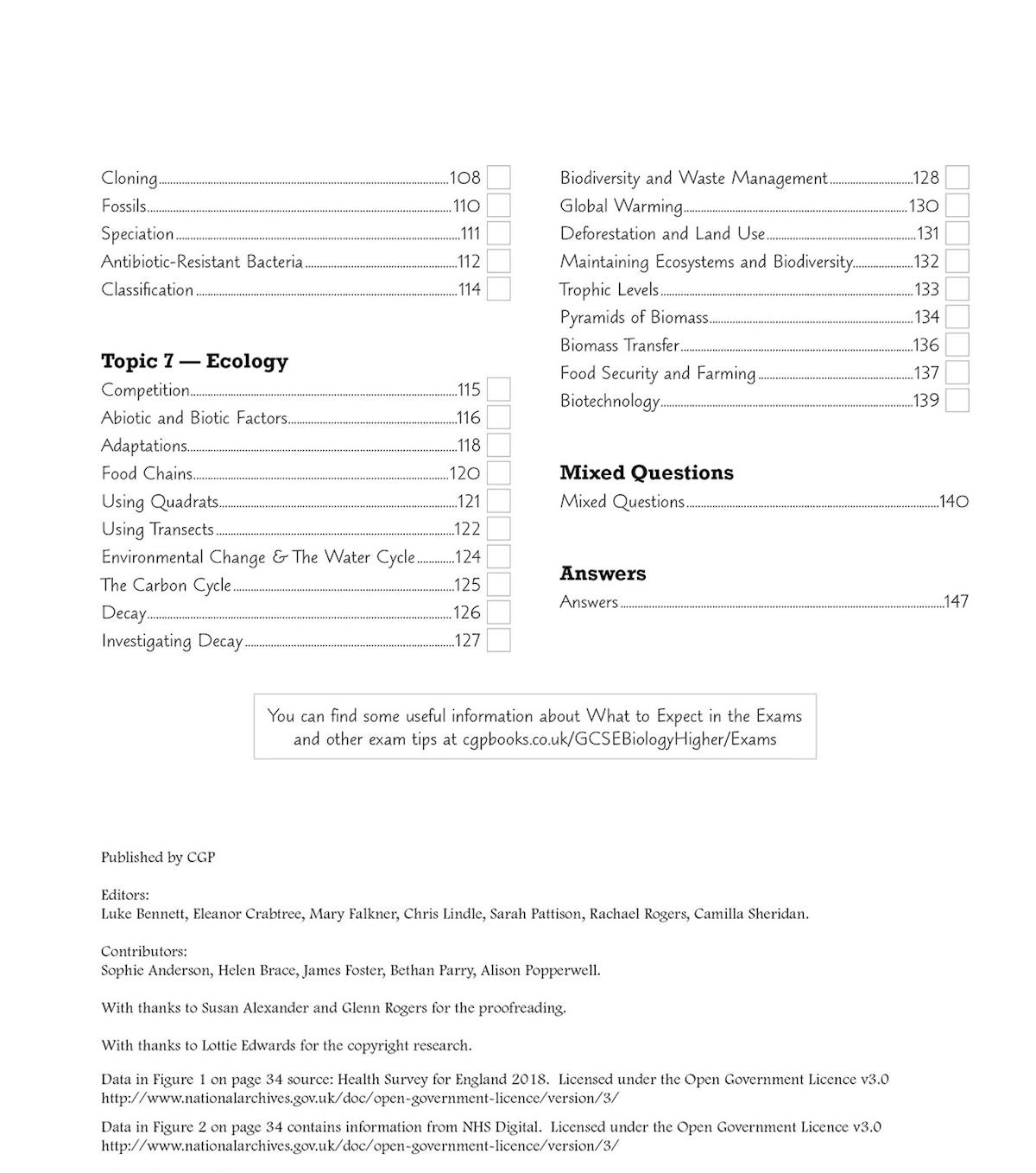 Contents page showing biology topics including ecology, biodiversity and food chains