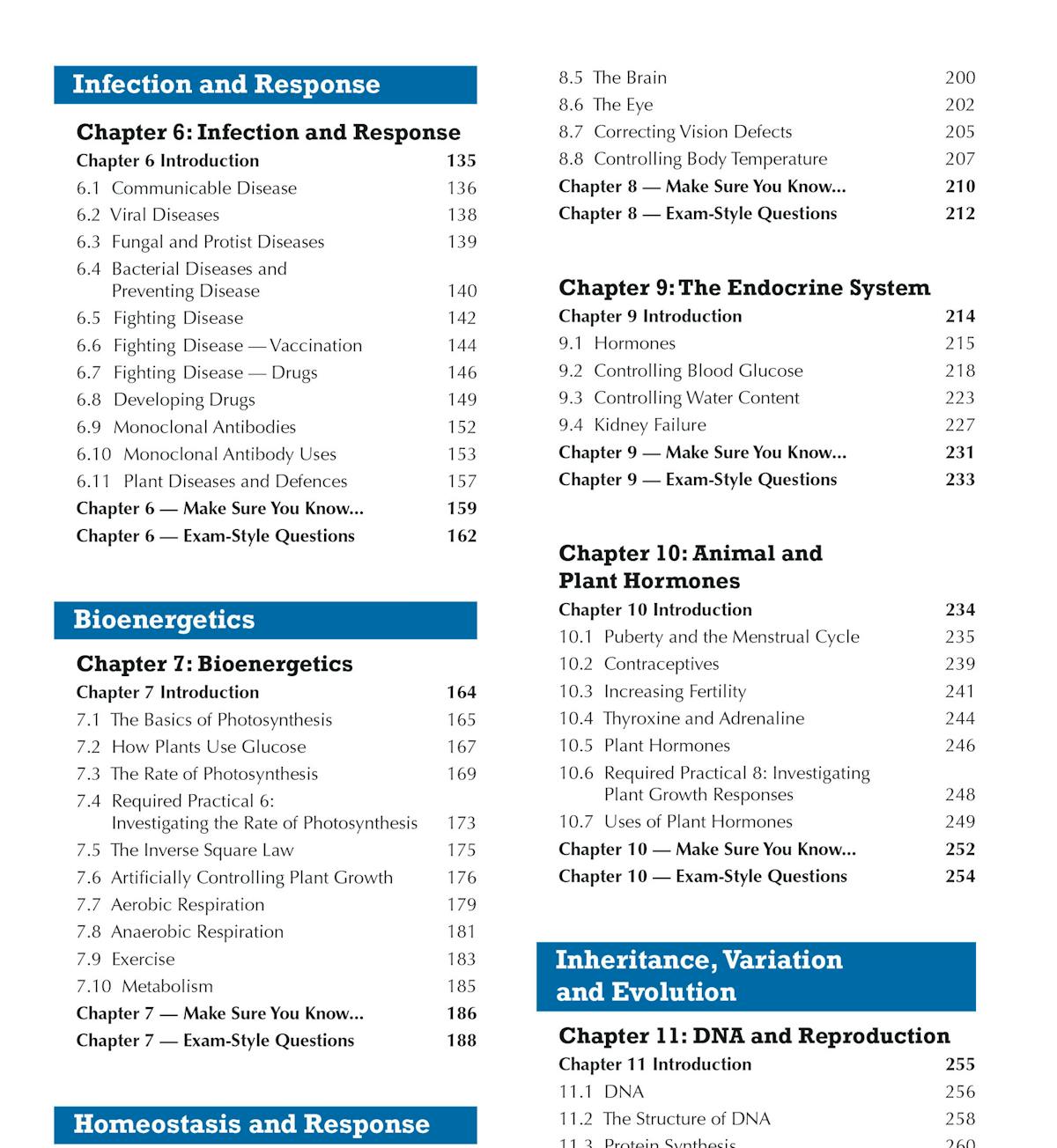 Contents page showing detailed chapter breakdown covering topics from Infection and Response to DNA and Reproduction