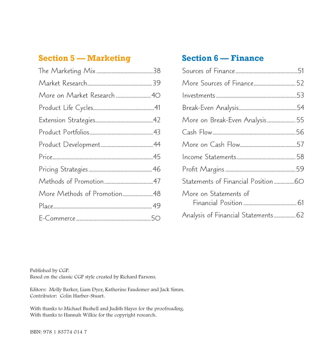 Contents page listing marketing and finance topics with page numbers