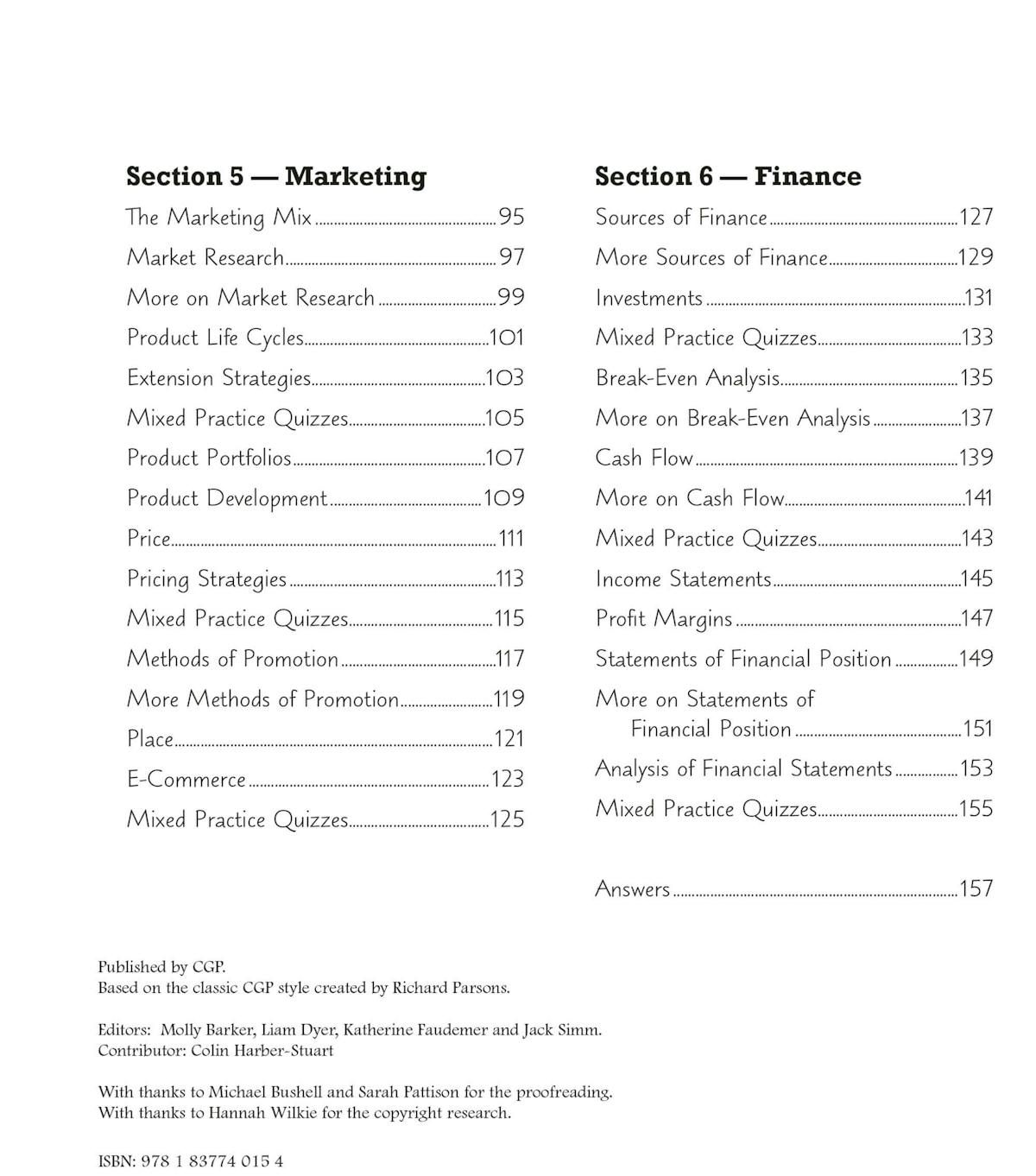 Contents page showing Section 5 Marketing and Section 6 Finance topics