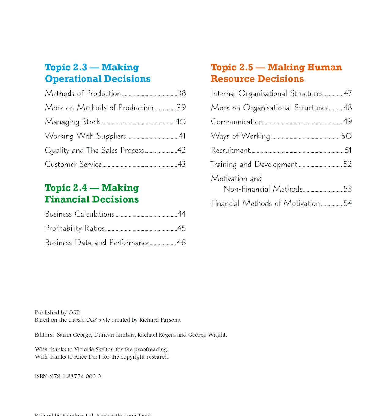 Contents page listing operational, financial and human resource topics