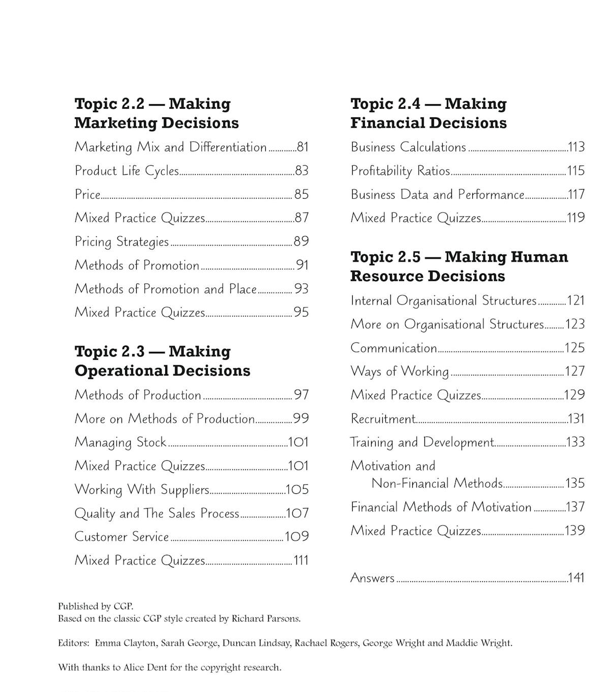 Contents page showing GCSE Business topics including Making Marketing Decisions, Making Financial Decisions, Making Operational Decisions and Making Human Resource Decisions