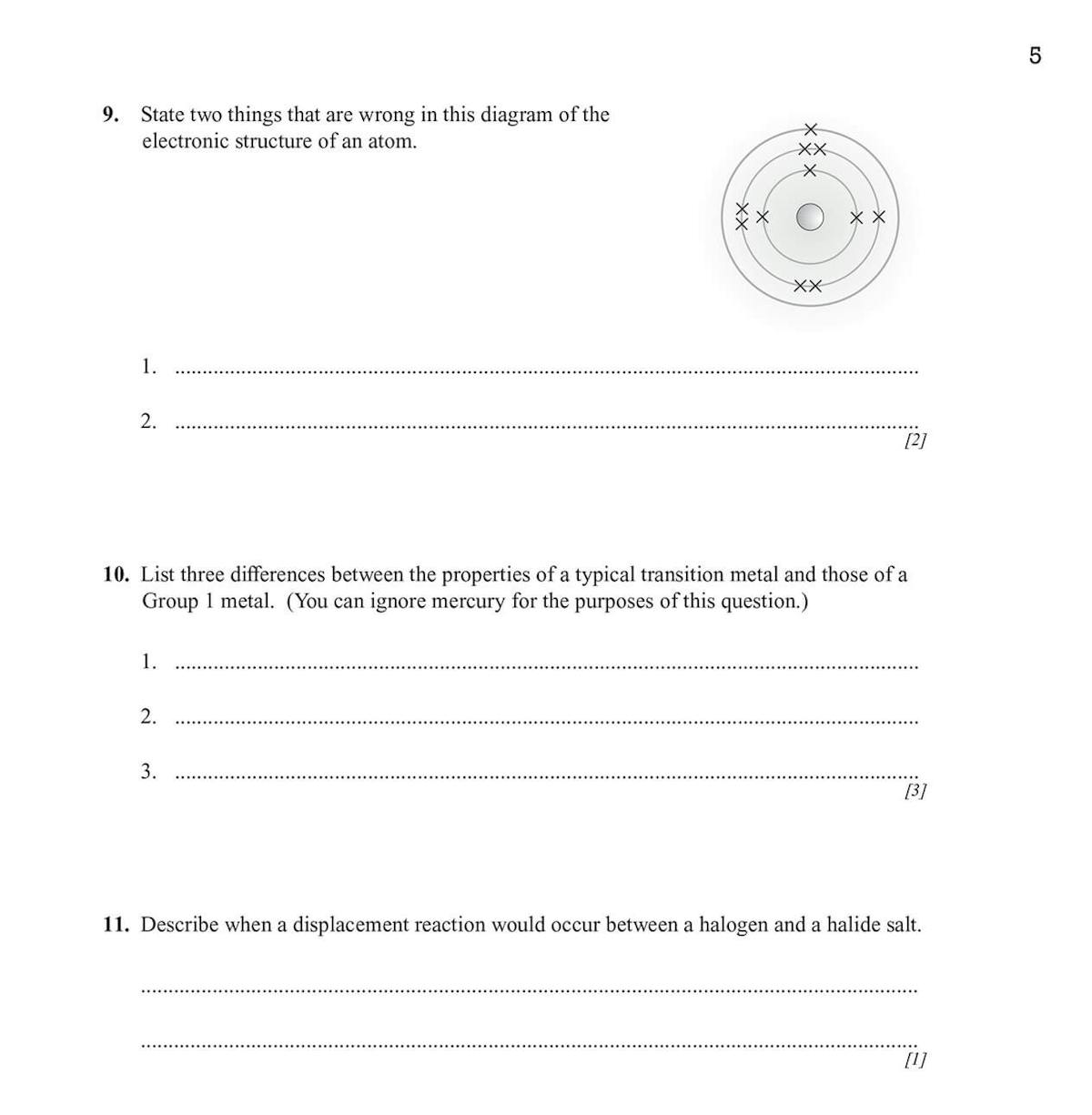 Sample page showing multiple-choice and short-answer questions on atomic structure and the periodic table