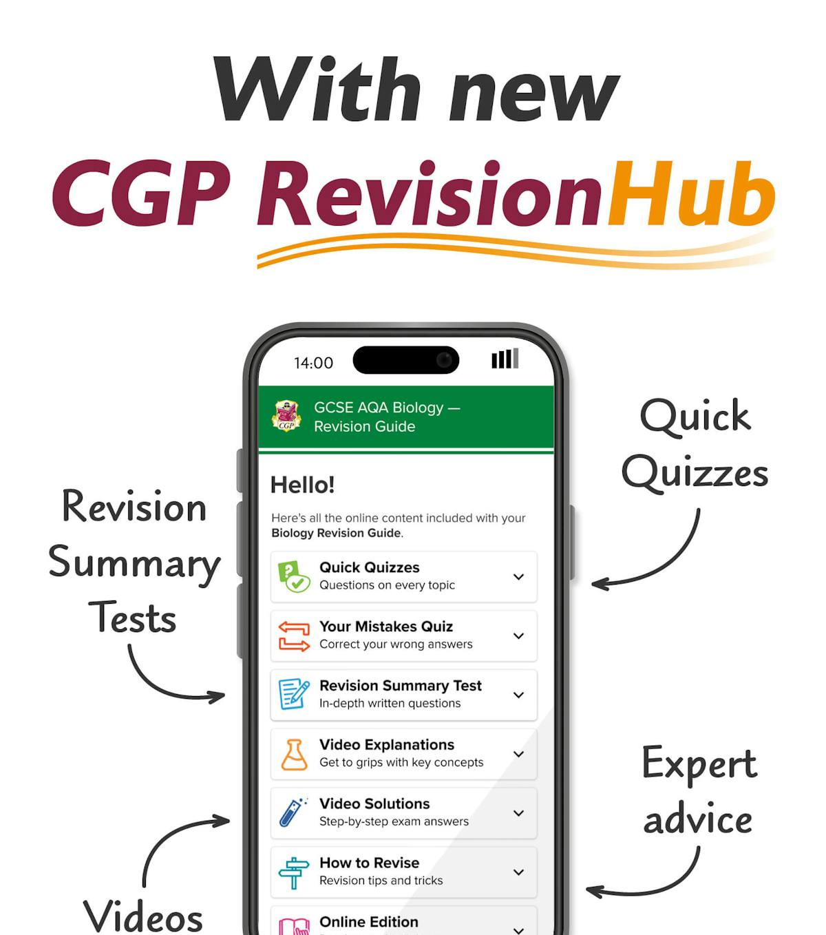 CGP RevisionHub mobile interface showing online revision features