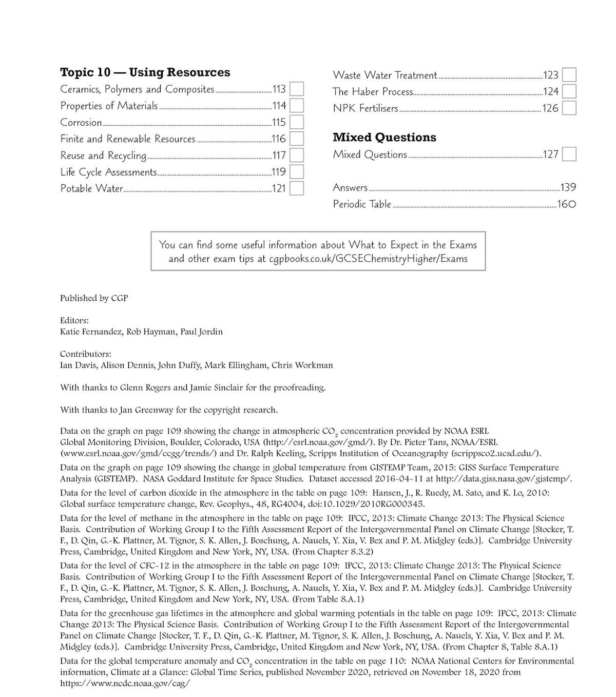 Contents page showing Topic 10 coverage including ceramics, polymers, composites, finite resources, recycling, life cycle assessments, and potable water