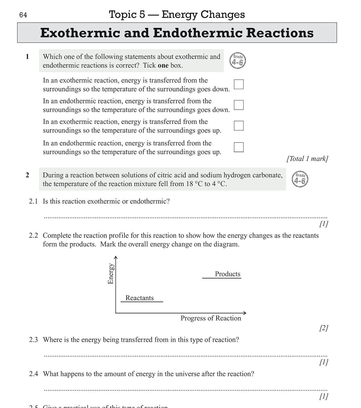 Sample question page on exothermic and endothermic reactions with grade labels, tick boxes, and an exam tip