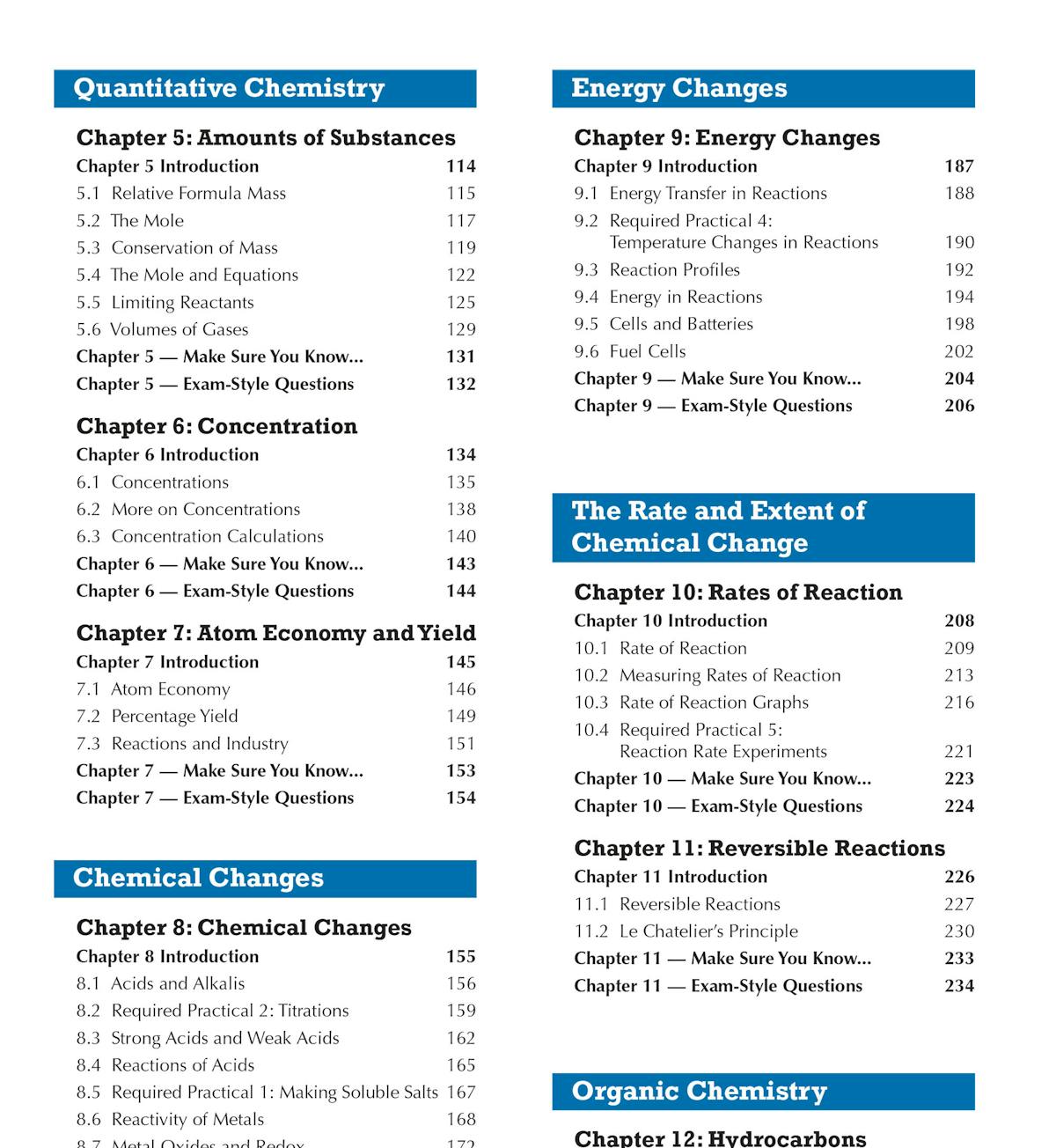 Contents page showing quantitative chemistry, energy changes and organic chemistry chapters