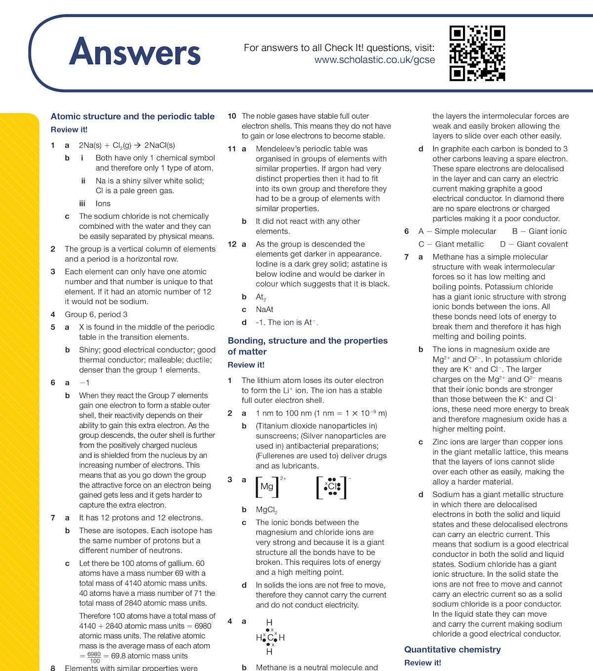 Answer pages from the GCSE Chemistry Revision Guide showing worked solutions