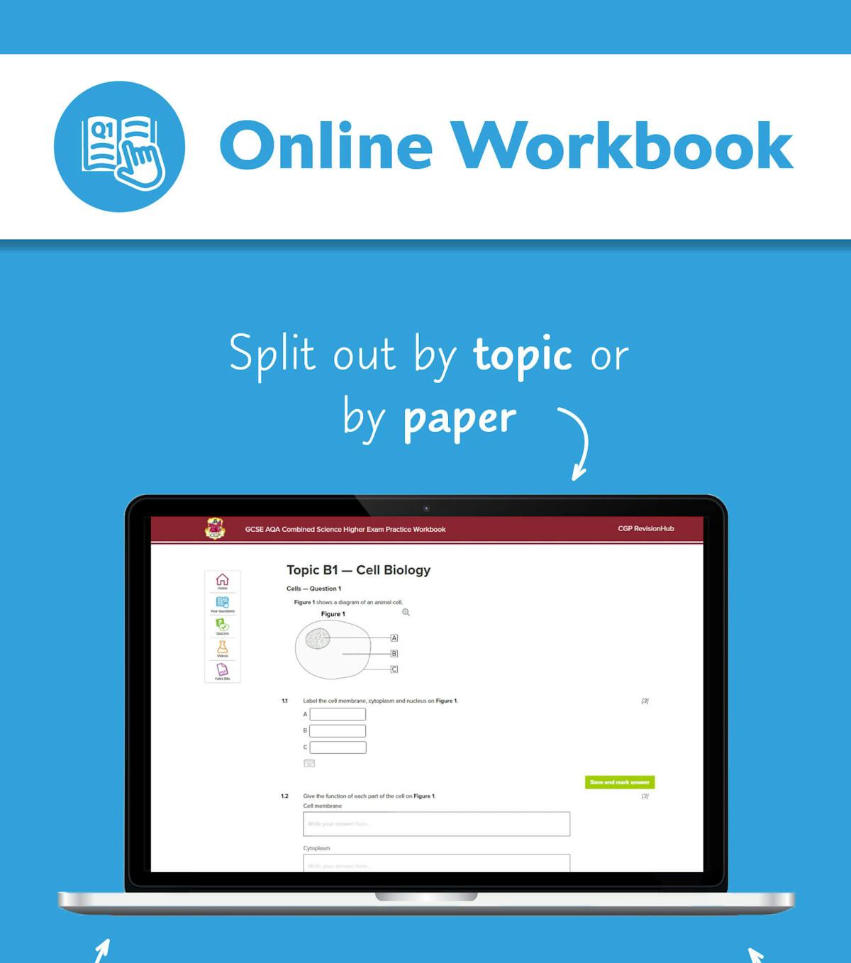 Online workbook interface showing Biology questions and progress tracking