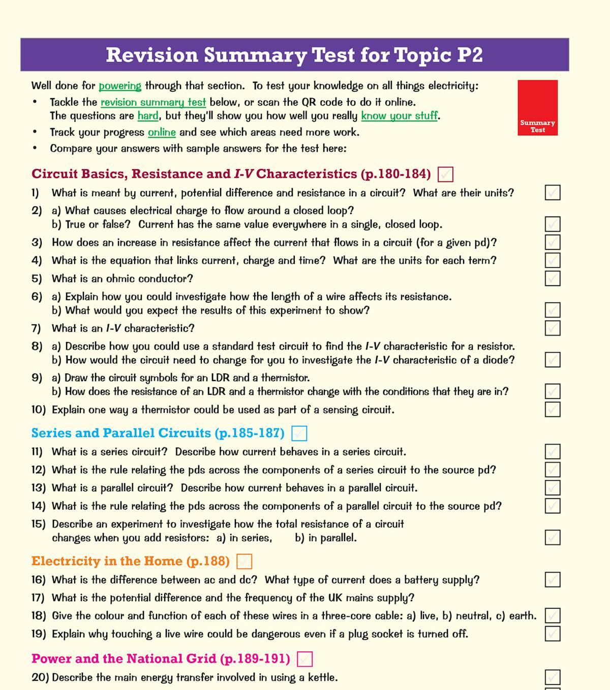 CGP revision summary test page for electricity topic showing checklist of questions covering circuit basics, series and parallel circuits, and power