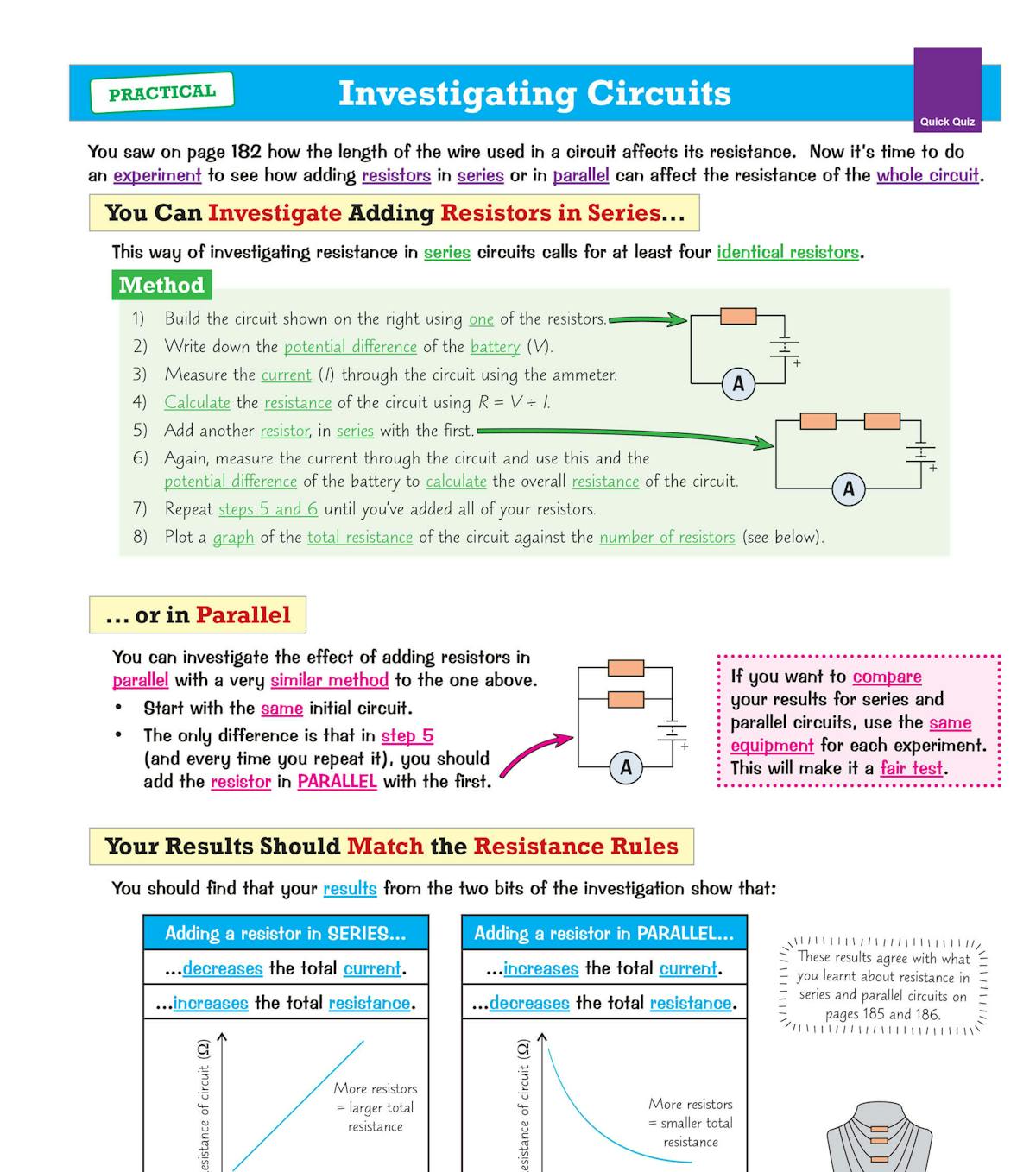 CGP GCSE Combined Science AQA Foundation Revision Guide sample page showing circuit diagrams and practical investigations
