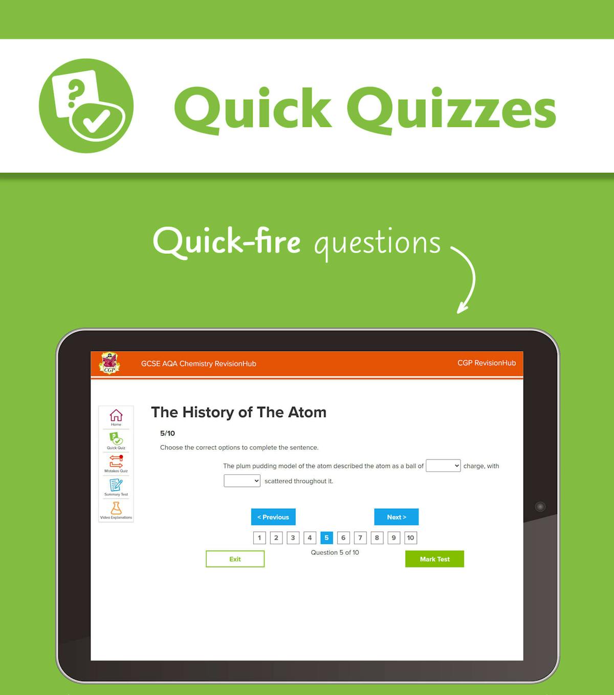 Screenshot of online Quick Quiz showing an interactive multiple-choice question about atomic structure