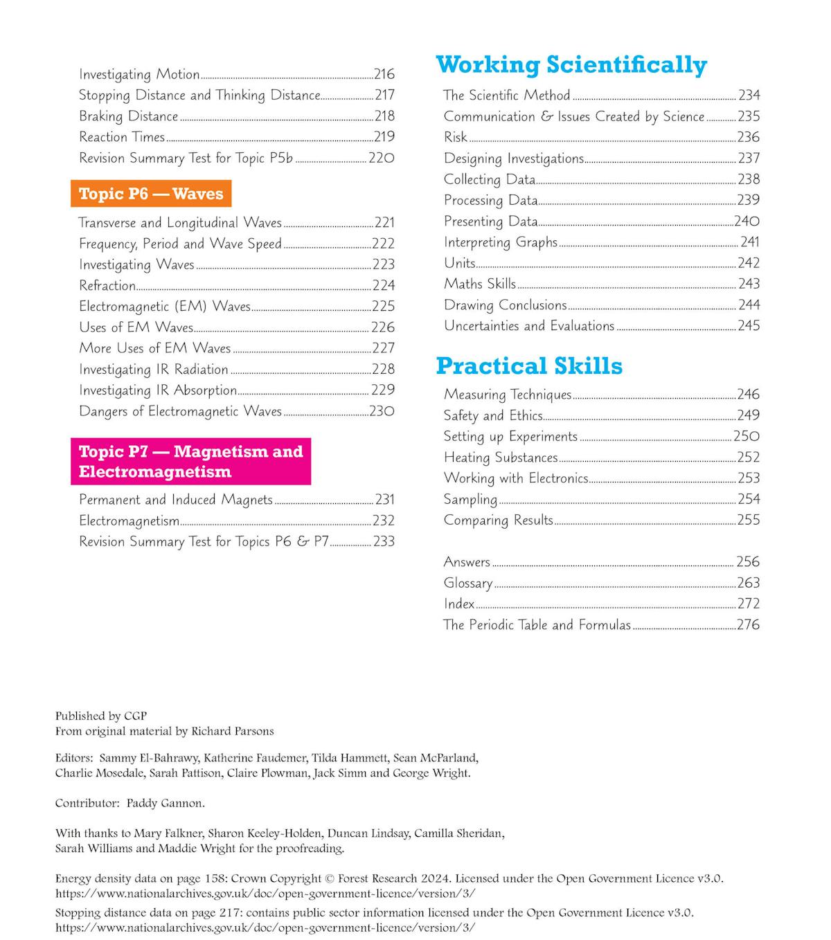 Contents page showing detailed topic coverage for Working Scientifically and Practical Skills sections