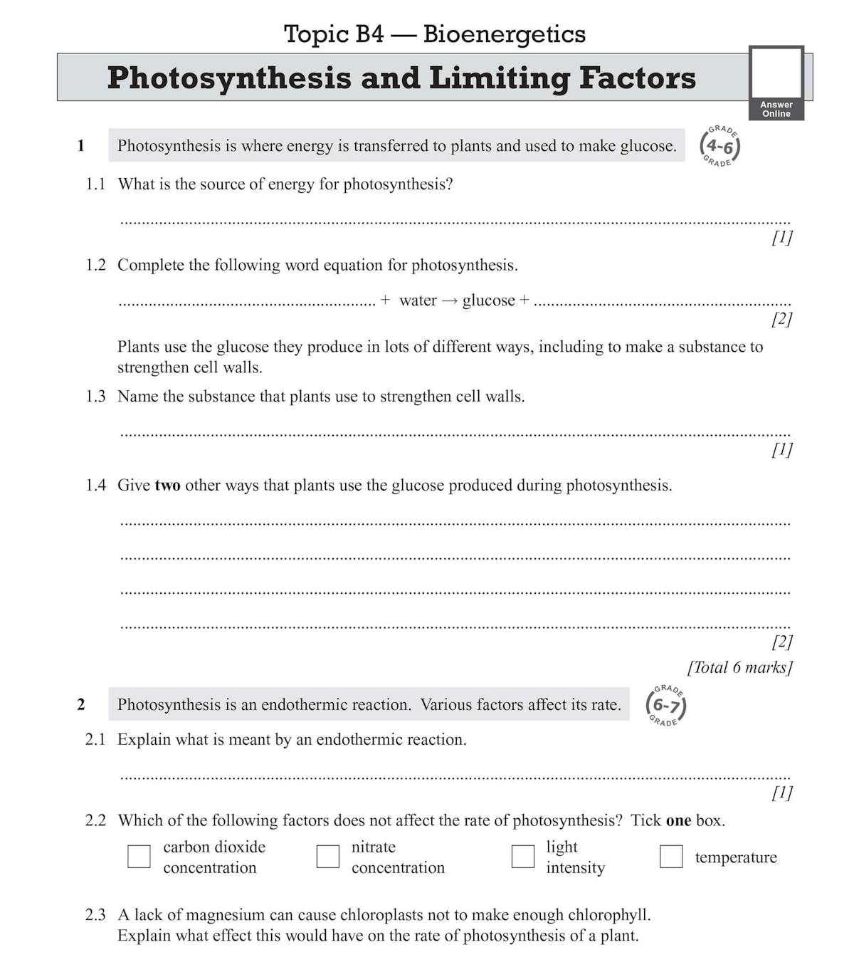 Sample biology questions on photosynthesis and limiting factors