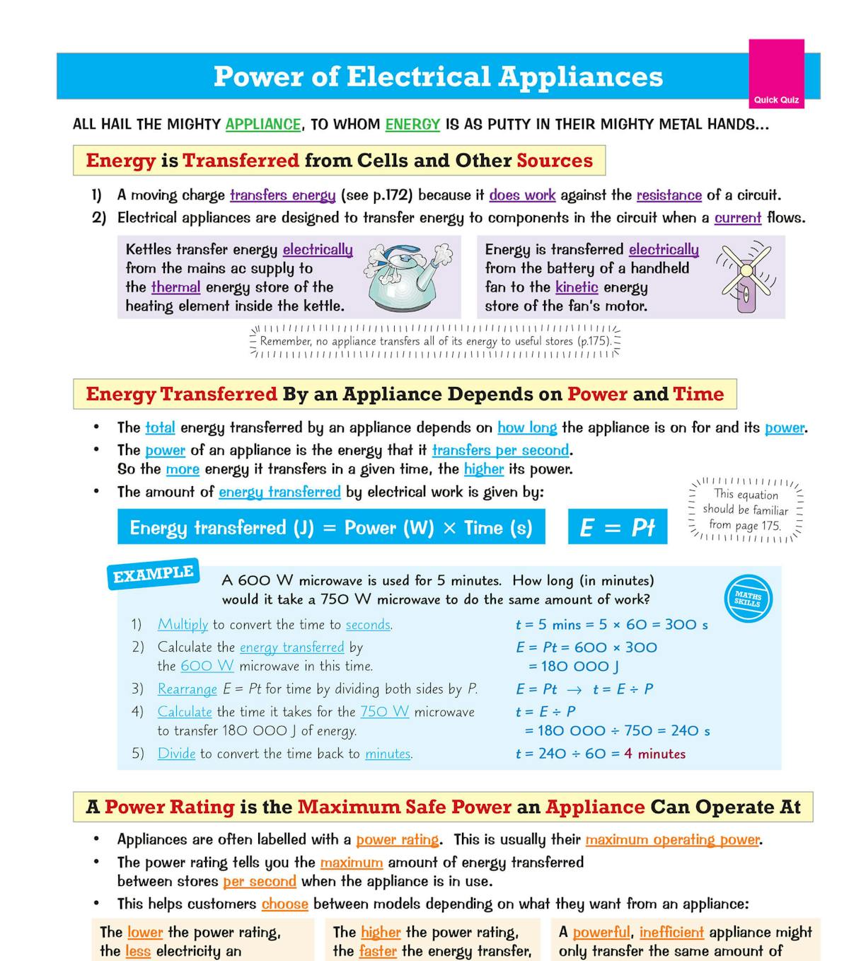 Sample page showing power of electrical appliances with energy transfer equations and worked examples