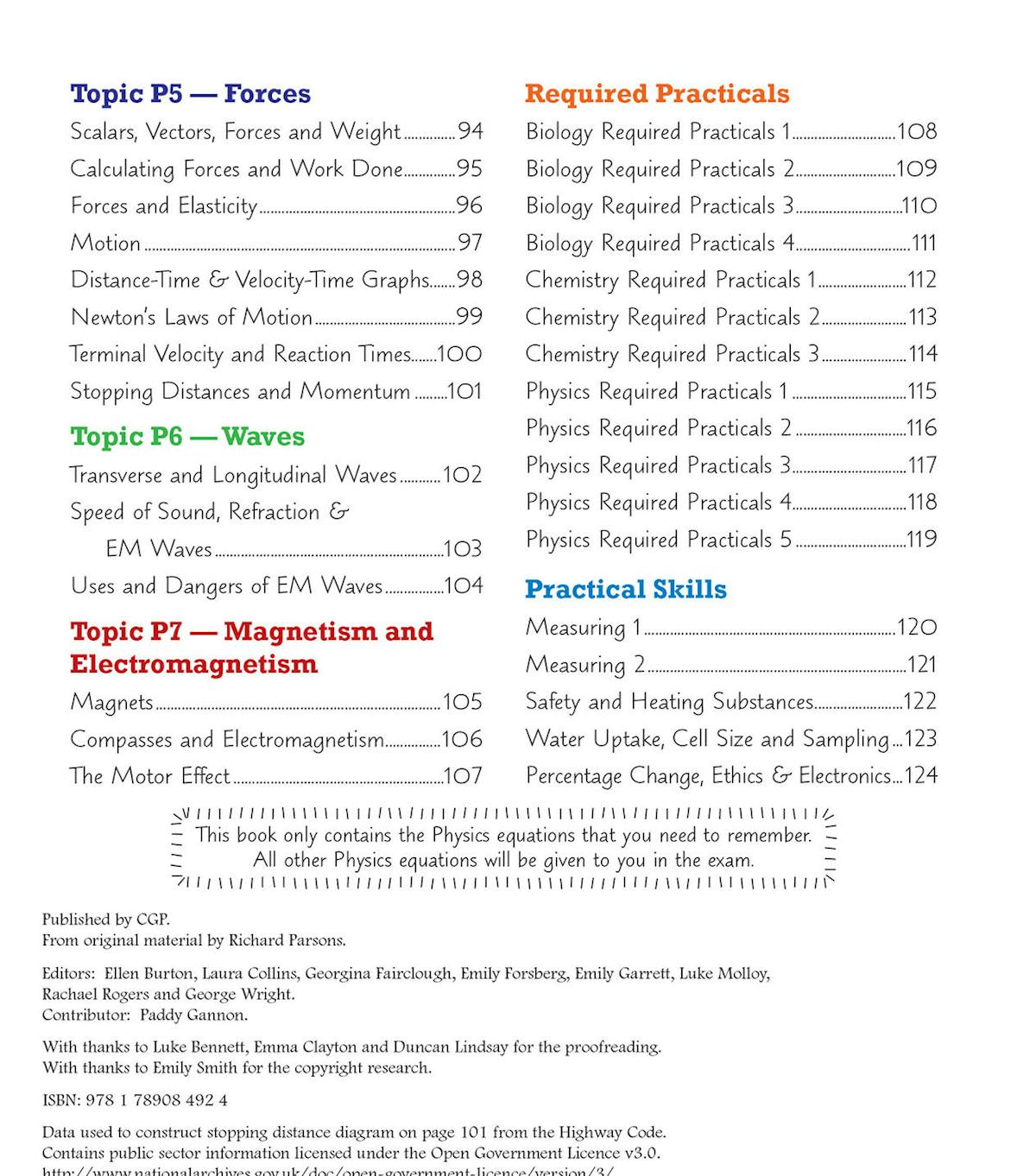 Sample contents page showing Physics topics including Forces, Waves, Magnetism and Electromagnetism, plus Required Practicals and Practical Skills
